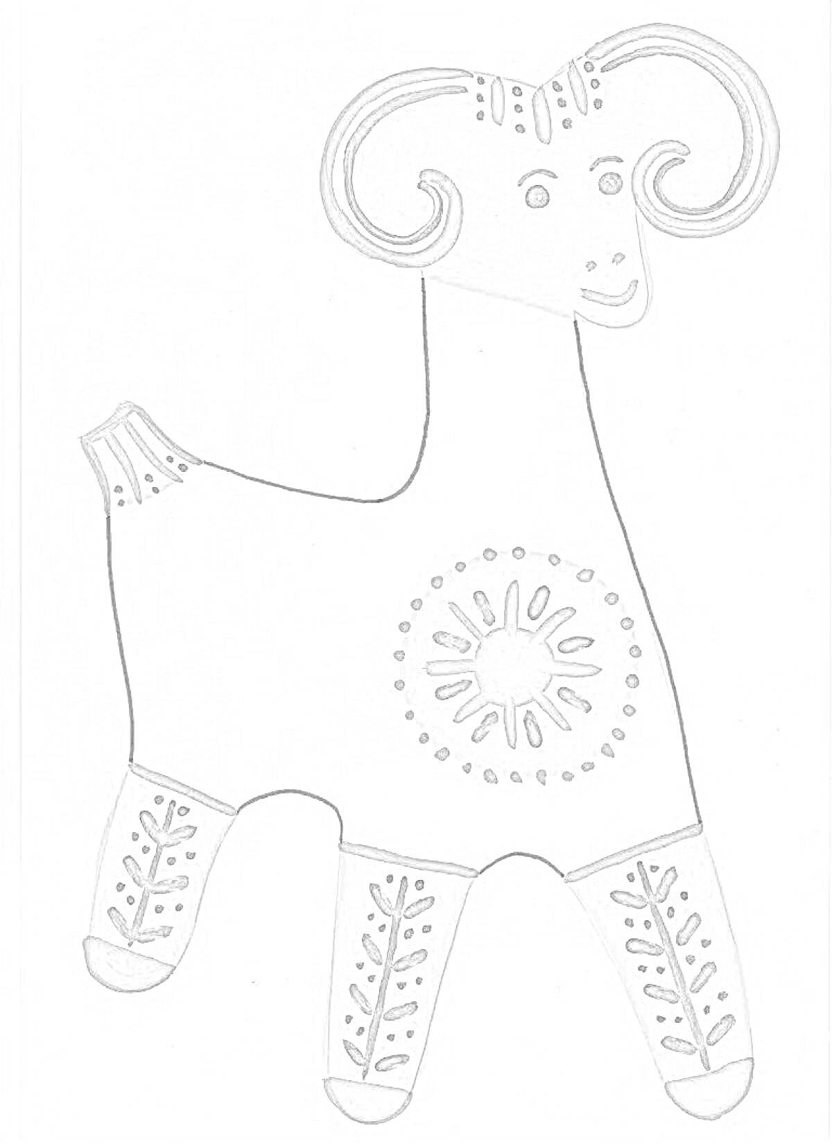 Раскраска Филимоновская игрушка - баран с узорами на ногах и туловище, с рогами, расписанными узорами