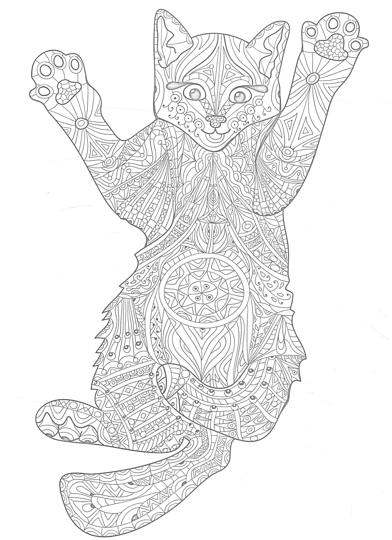 Раскраска Антистресс-раскраска с узорно-детализированной кошкой, включающая геометрические и абстрактные элементы, мандалы и узоры на голове, теле, лапах и хвосте.