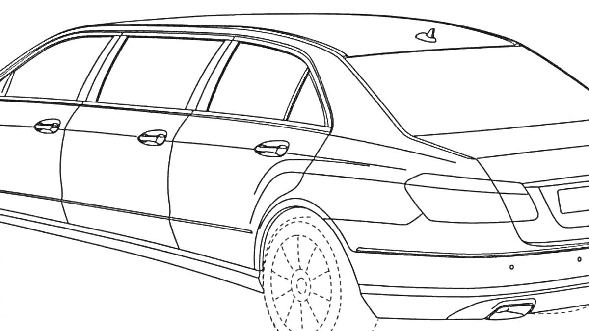 Раскраска Контур автомобиля Майбах с четырьмя дверями, четырьмя колесами, задними фарами и боковыми зеркалами заднего вида