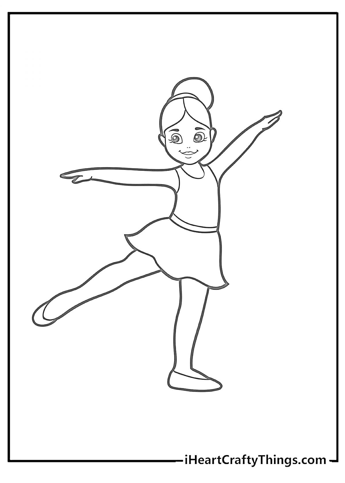 На раскраске изображено: Танцующая девочка, Балерина, Танец, Поднятые руки, Поднятая нога, Балет