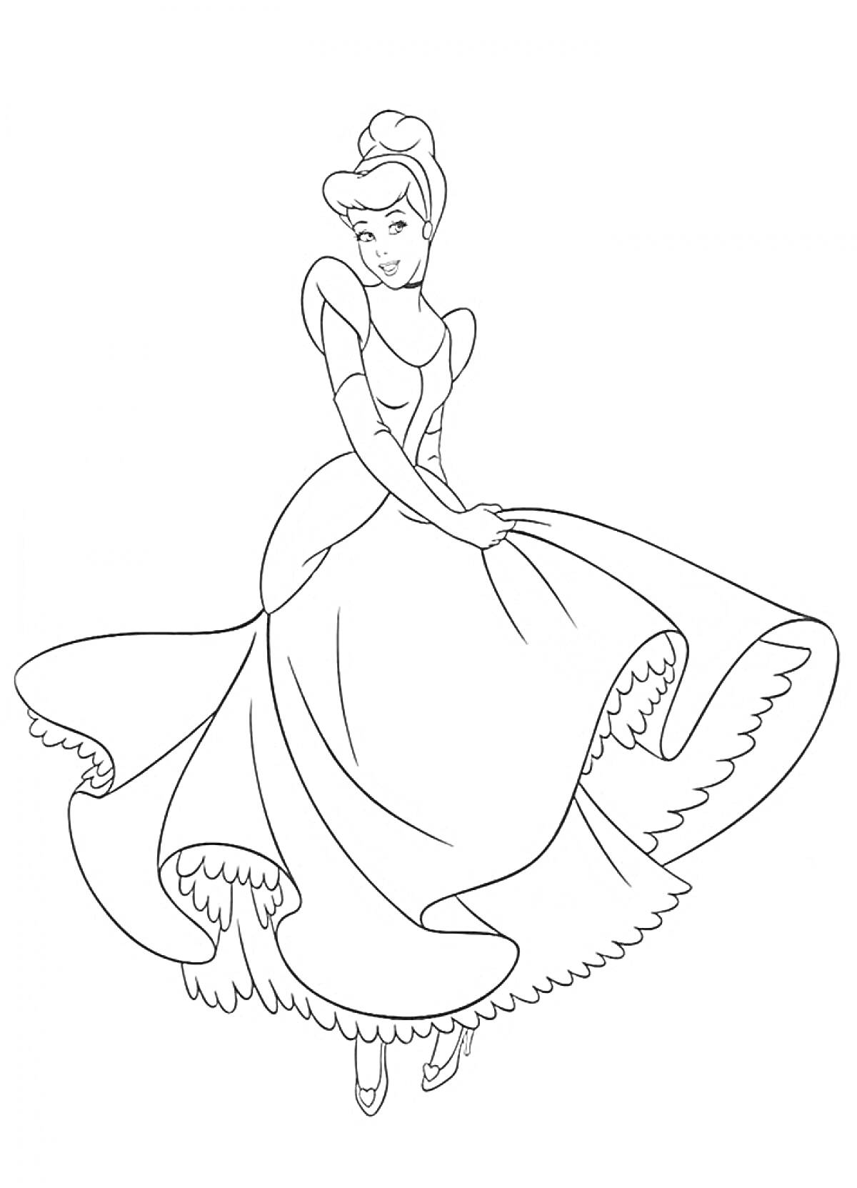 На раскраске изображено: Принцесса, Дисней, Бальное платье, Корона, Из мультфильмов, Из сказок, Для детей