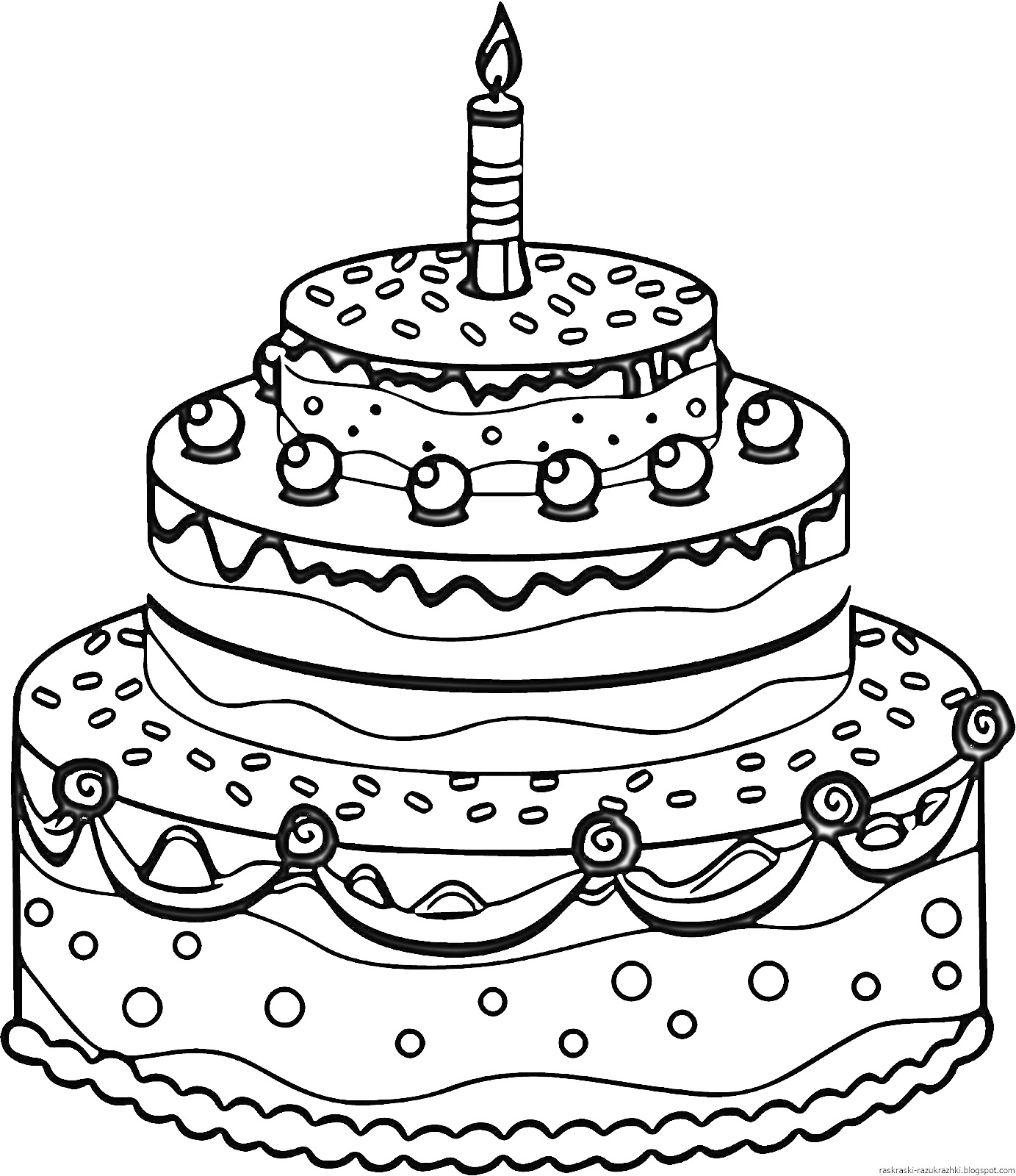 Раскраска Трёхъярусный праздничный торт с одной горящей свечой, с глазурью, точечным узором и украшениями в виде вишен и завитков.