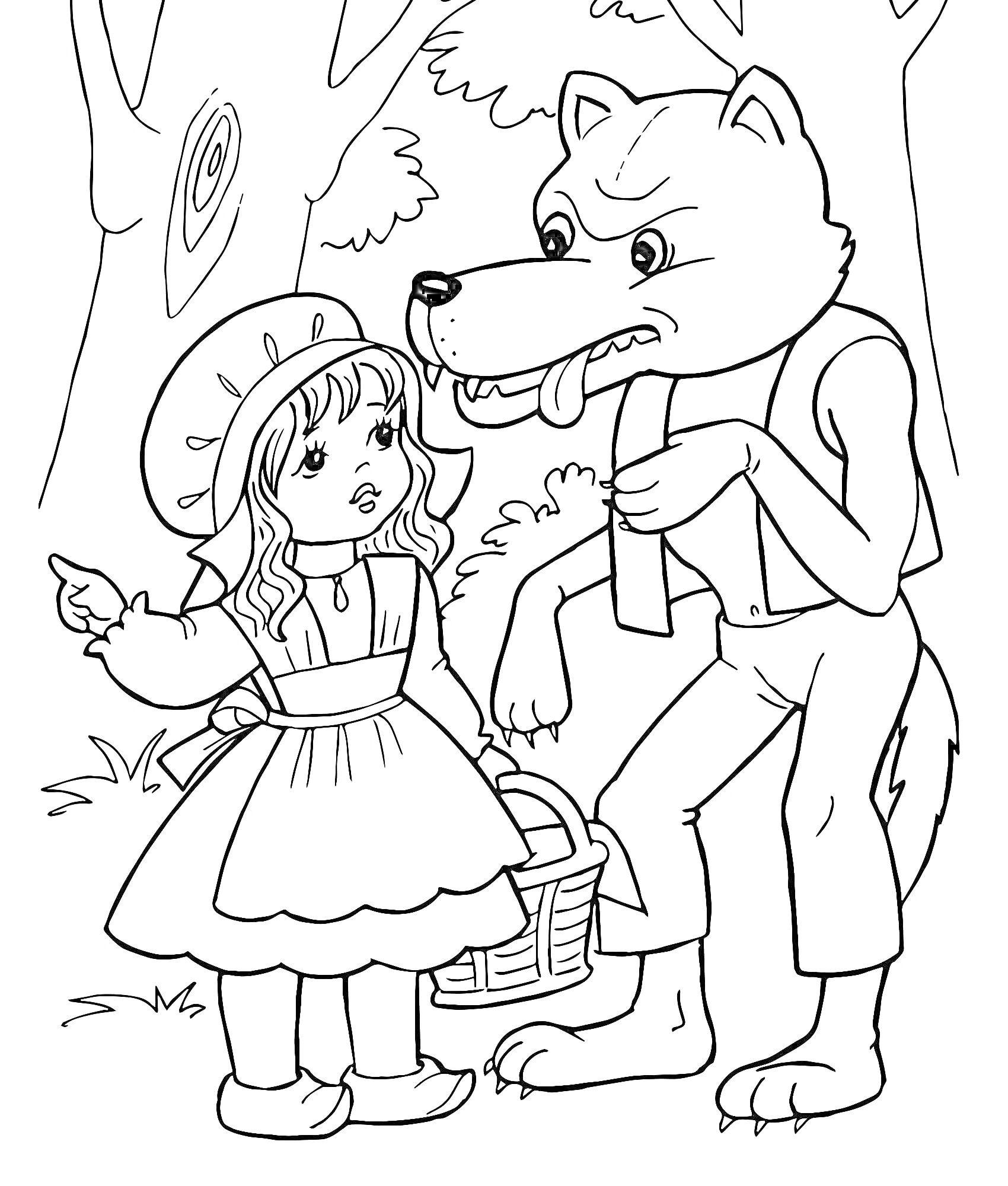 На раскраске изображено: Красная Шапочка, Волк, Лес, Для детей, 6 лет, 7 лет