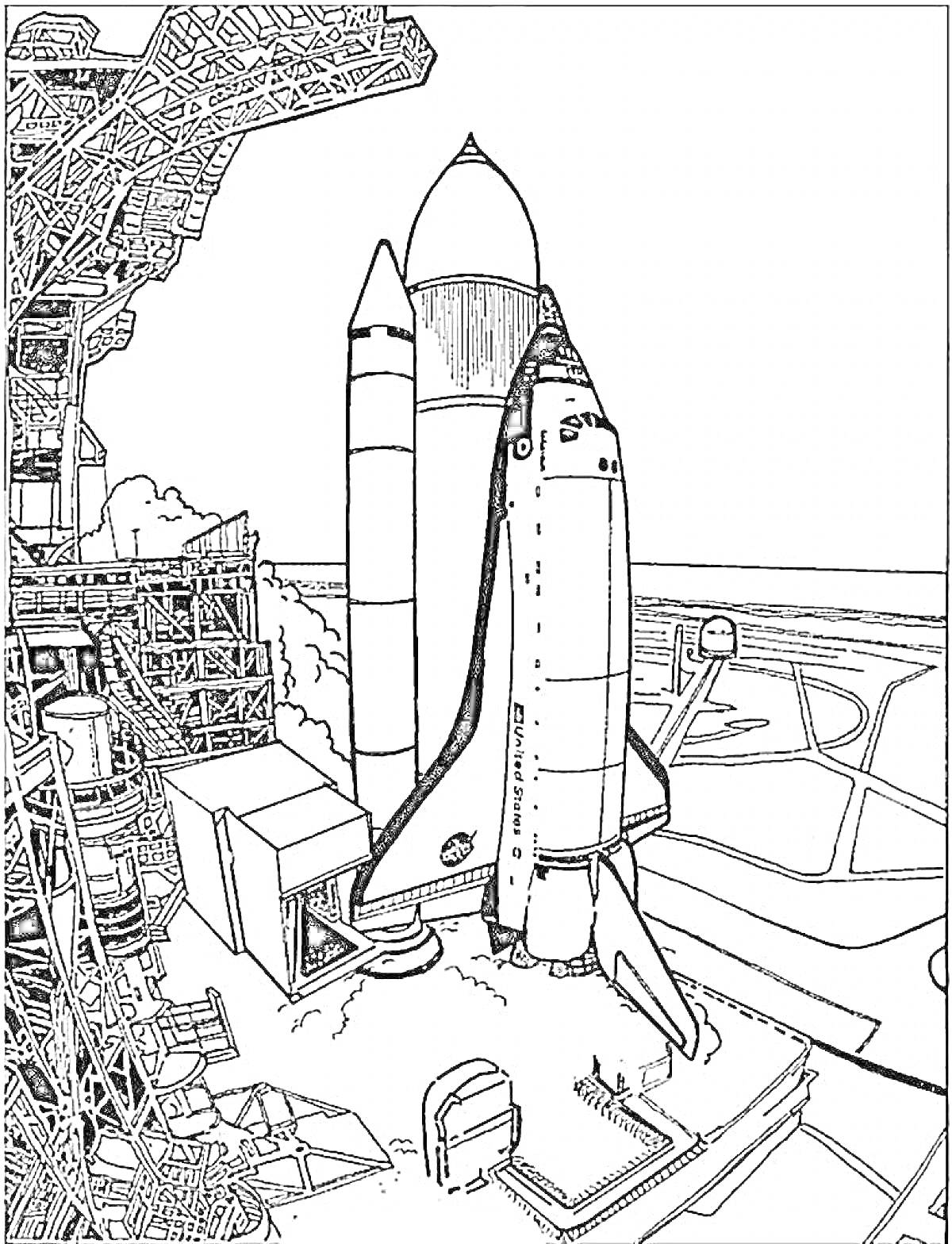 Раскраска Космический шаттл на стартовой площадке, ракета-носитель, пусковая установка, дорожная инфраструктура