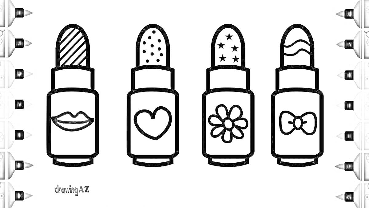 РаскраскаРазнообразные рисунки на помаде: губы, сердце, цветок, бант 