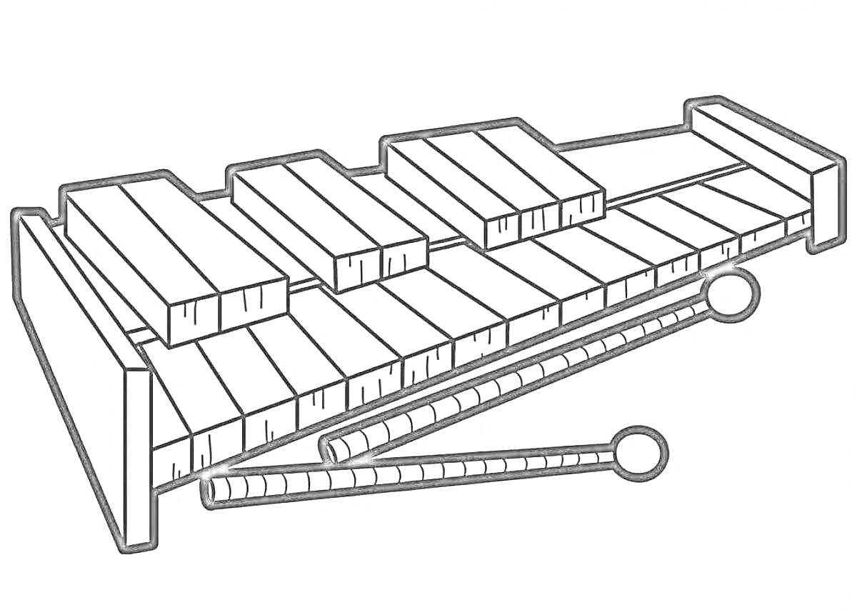 Раскраска Ксилофон с клавишами и палочками