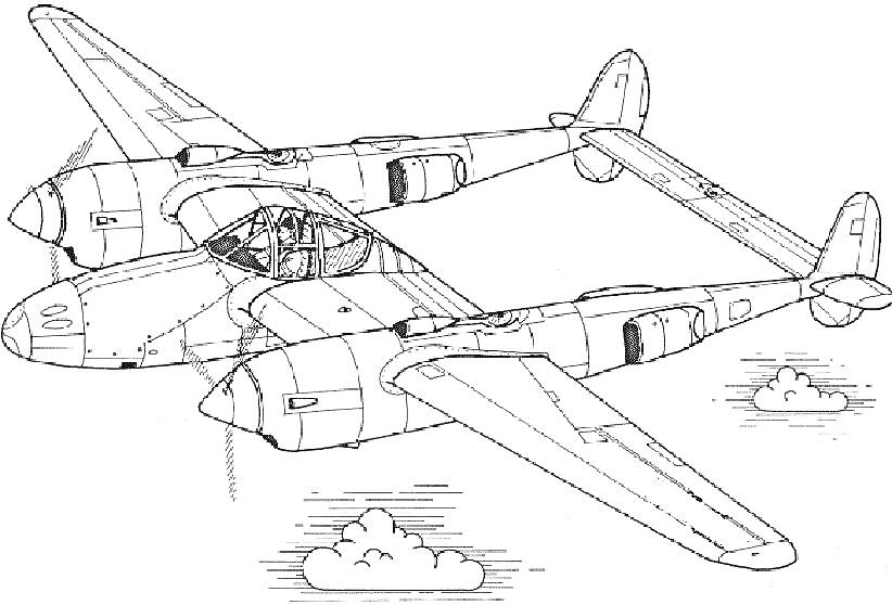 Раскраска Военный самолет с двумя хвостовыми балками и облаками на заднем плане
