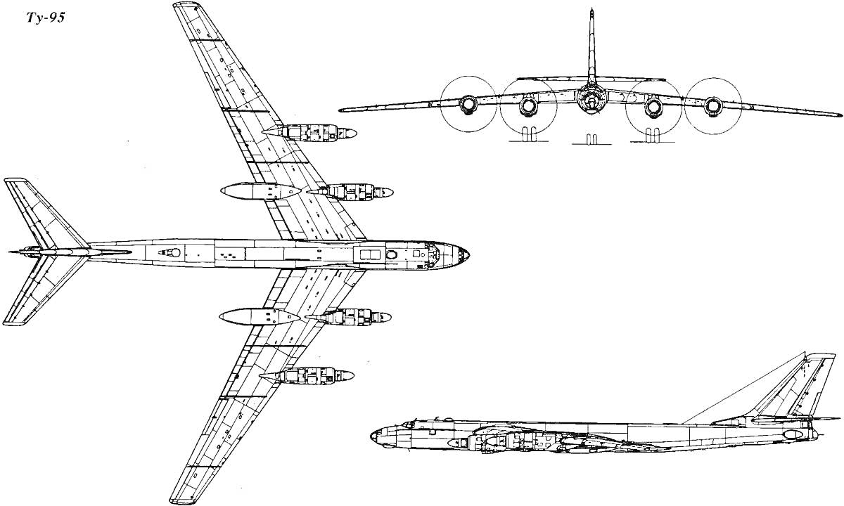 Раскраска Схематичные проекции самолёта Ту-95 (вид сверху, вид спереди, вид сбоку)