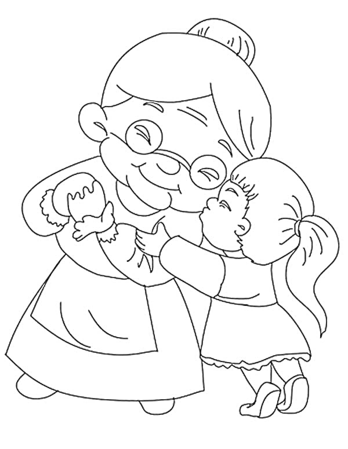 Раскраска бабушка в очках обнимает маленькую девочку с хвостиком