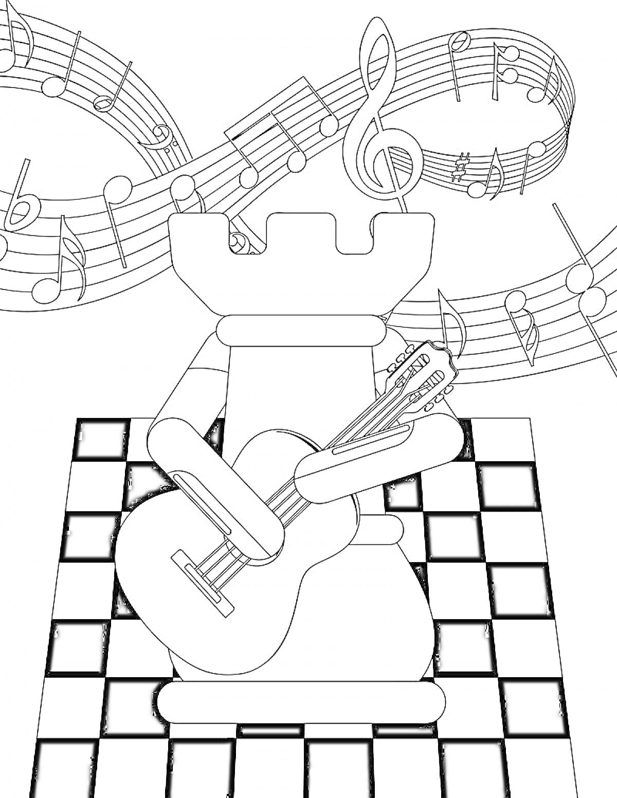 На раскраске изображено: Шахматы, Ладья, Гитара, Ноты, Музыка, Музыкальные ноты, Инструмент