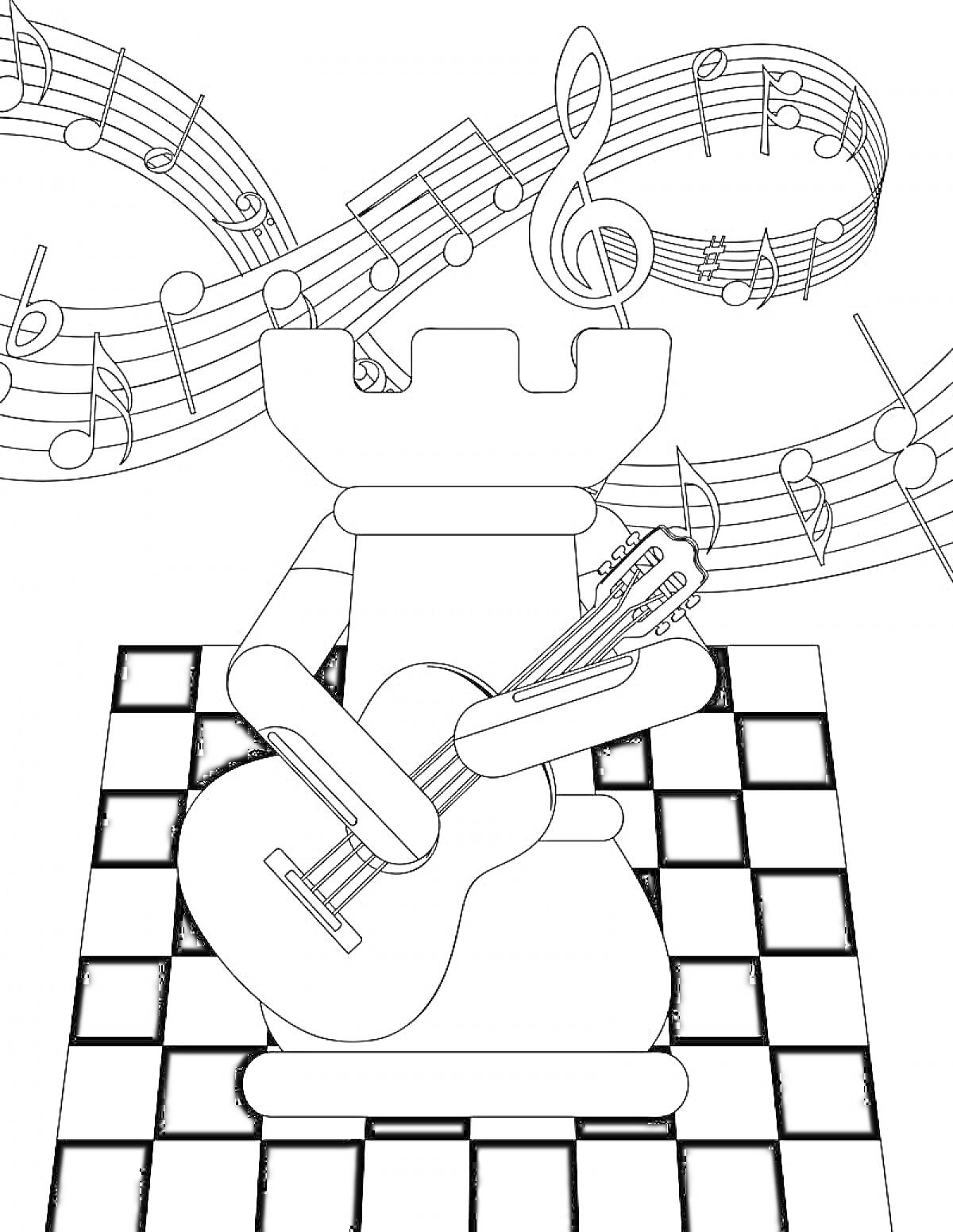 Раскраска Шахматная ладья с гитарой на шахматной доске и нотами