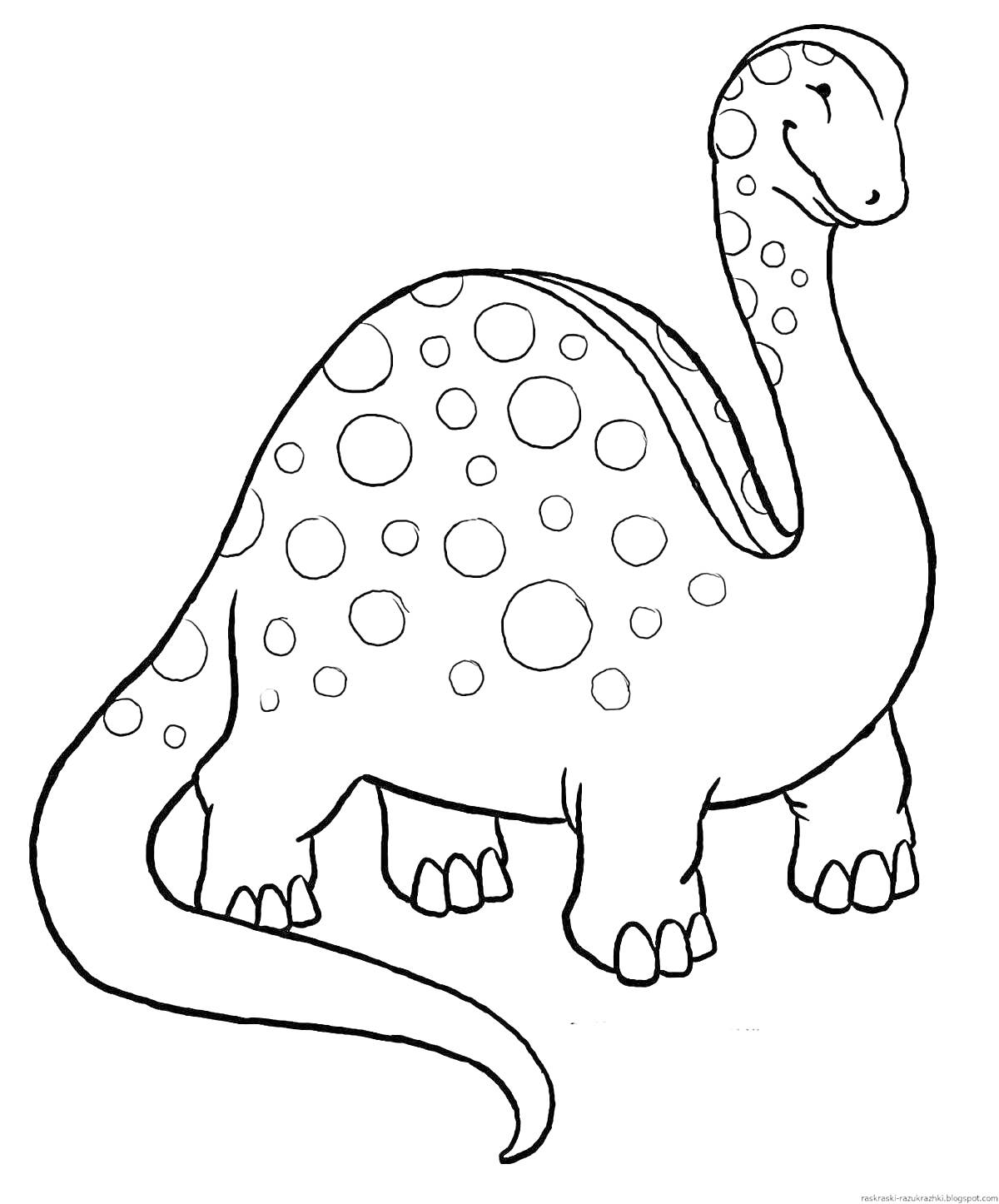 Раскраска Динозаврик с пятнами, улыбающийся, с длинной шеей и хвостом