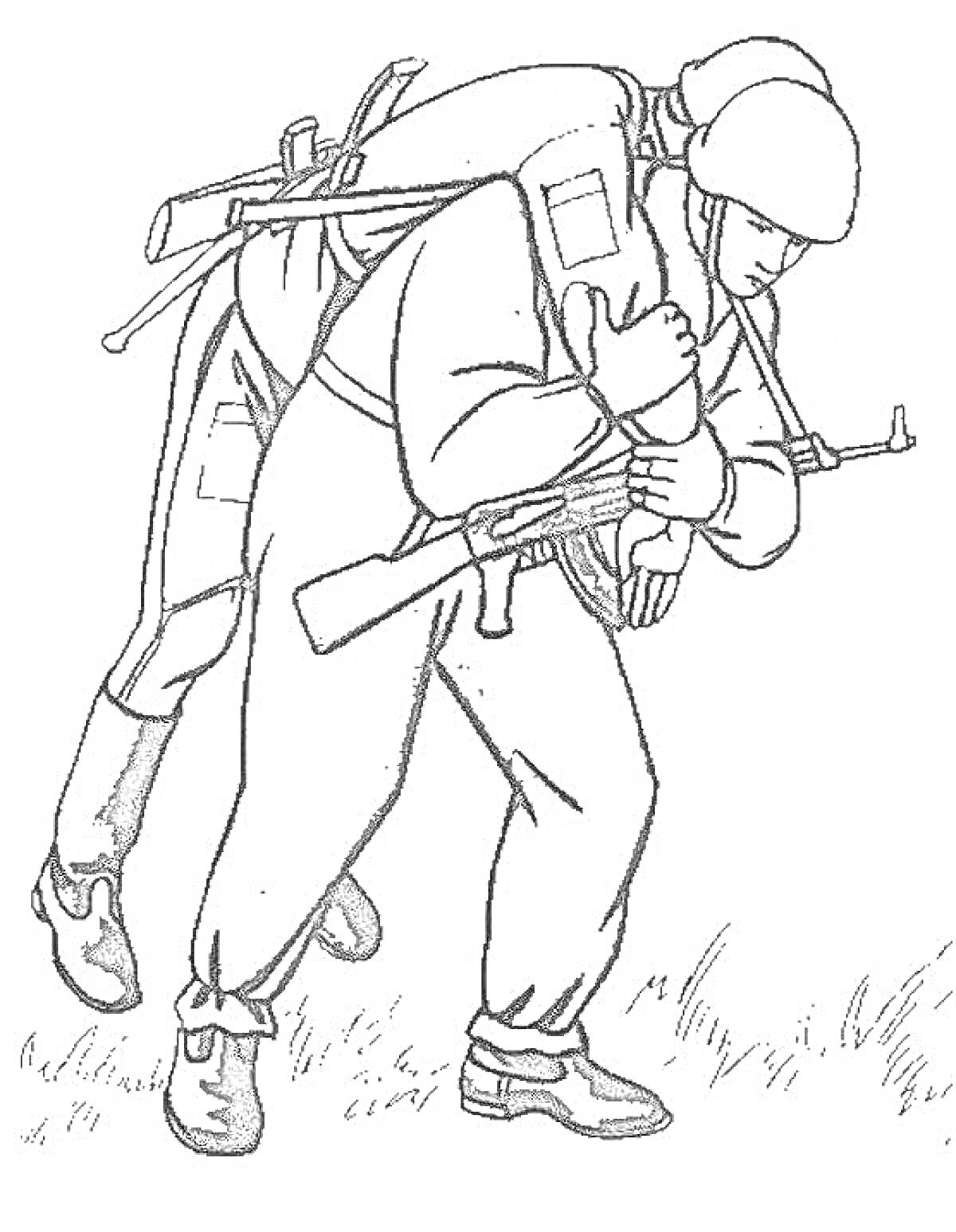Раскраска Солдат несет раненого товарища с оружием на поле боя