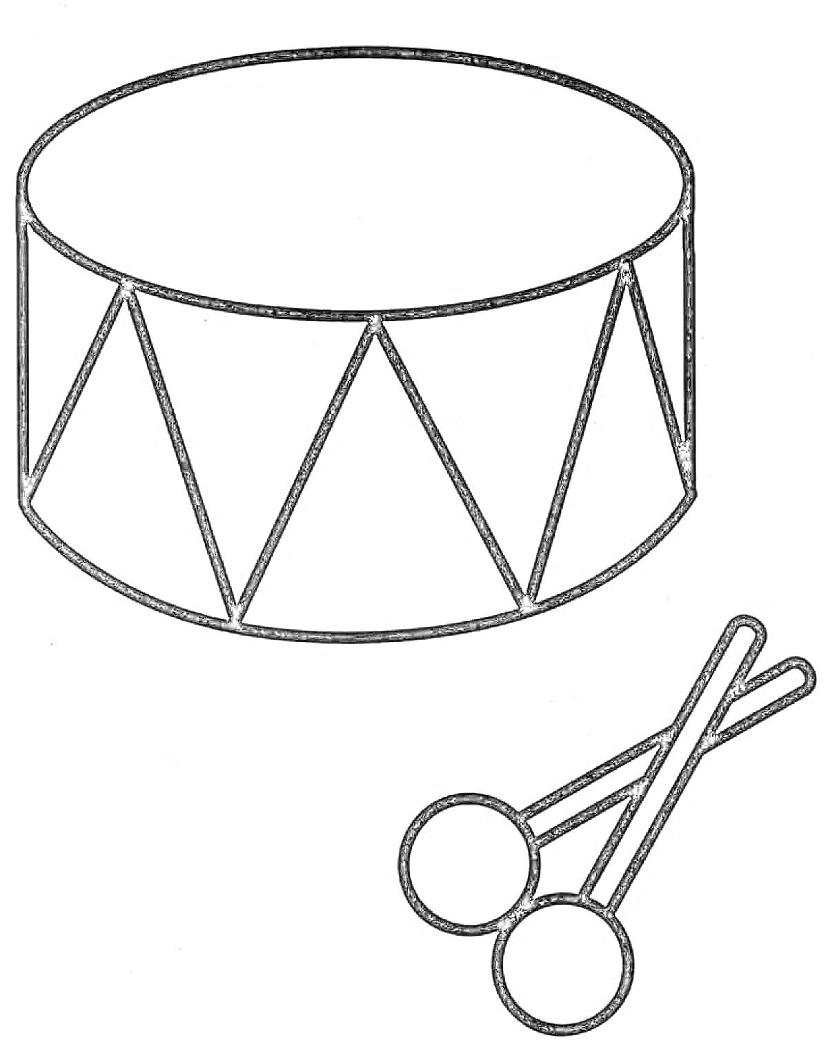 На раскраске изображено: Барабан, Музыкальный инструмент, 3 года, 4 года, Для детей, Палочка