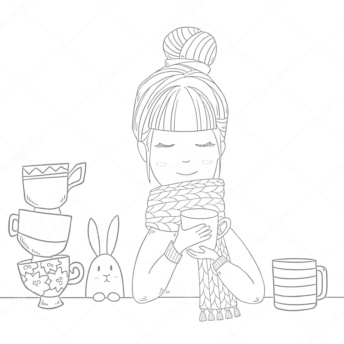 На раскраске изображено: Девочка, Шарф, Чашки, Стопка, Напиток, Горячий напиток, Кролик