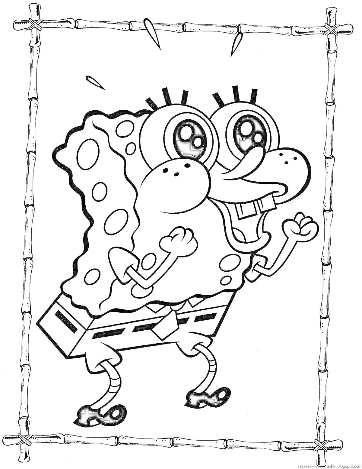 Раскраска Губка Боб с поднятыми руками в деревянной рамке