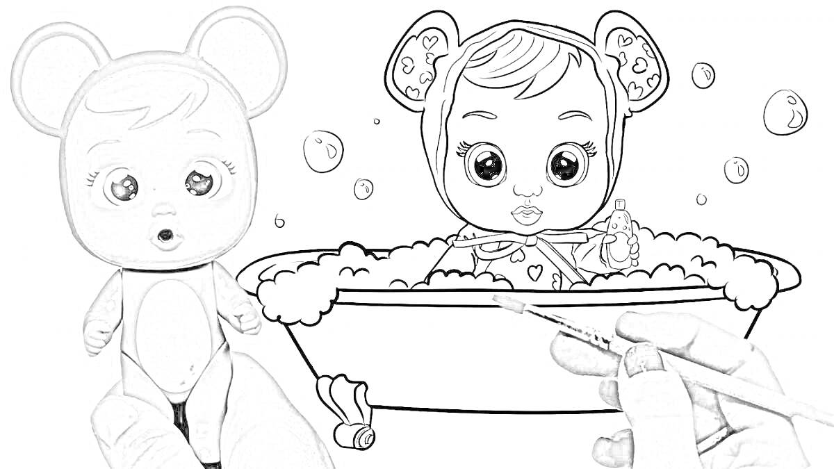На раскраске изображено: Ванна, Кукла, Игрушки, Пузыри