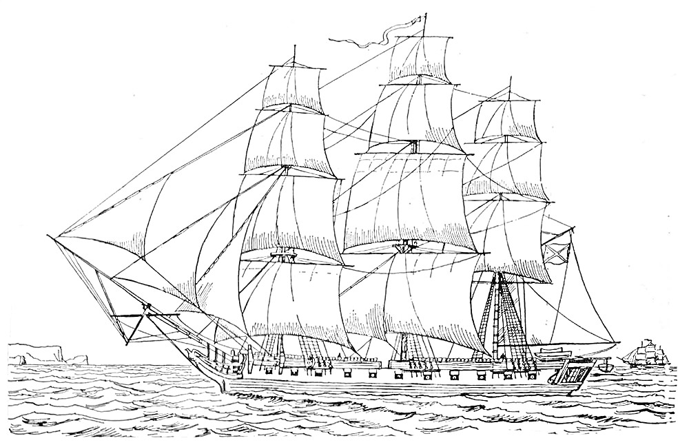Раскраска Парусный корабль с тремя мачтами и натянутыми парусами, находящийся в море, на заднем плане виден еще один корабль и береговая линия.