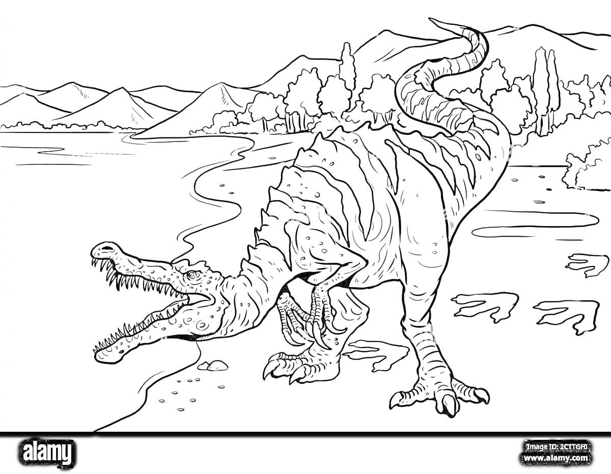 Раскраска Барионикс динозавр у реки на фоне гор и деревьев