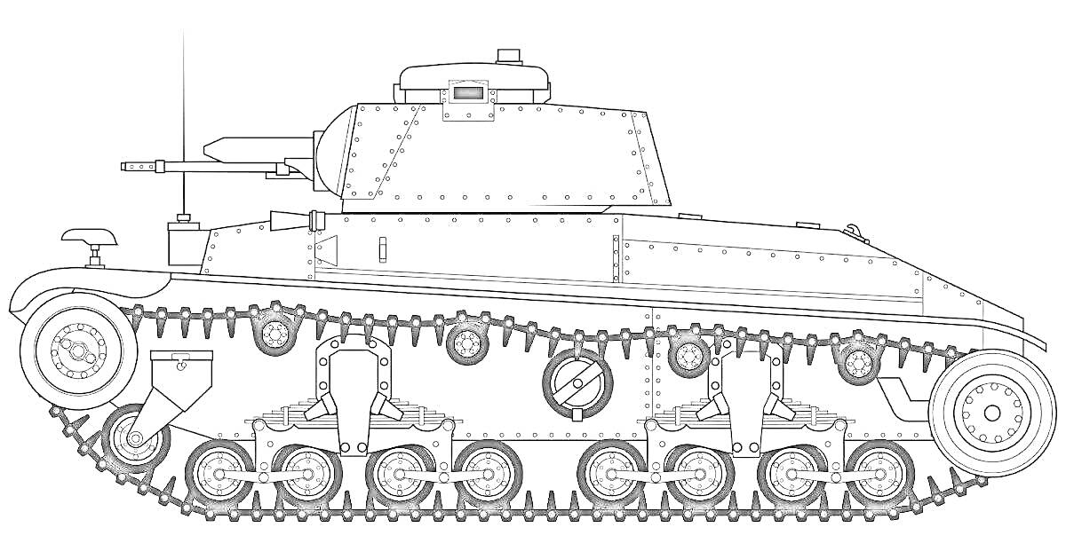 Раскраска Линейное изображение танка КВ-2, гусеницы, башня, пушка