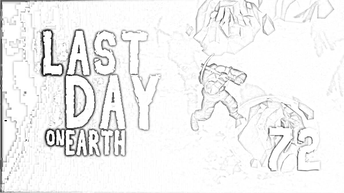 Раскраска Последний день на Земле. Человек в костюме с рацией, деревья, цифра 72