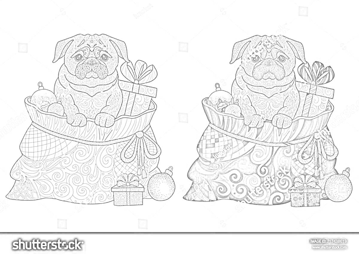 Раскраска Мопс сидящий в новогоднем мешке с подарками и елочными шарами