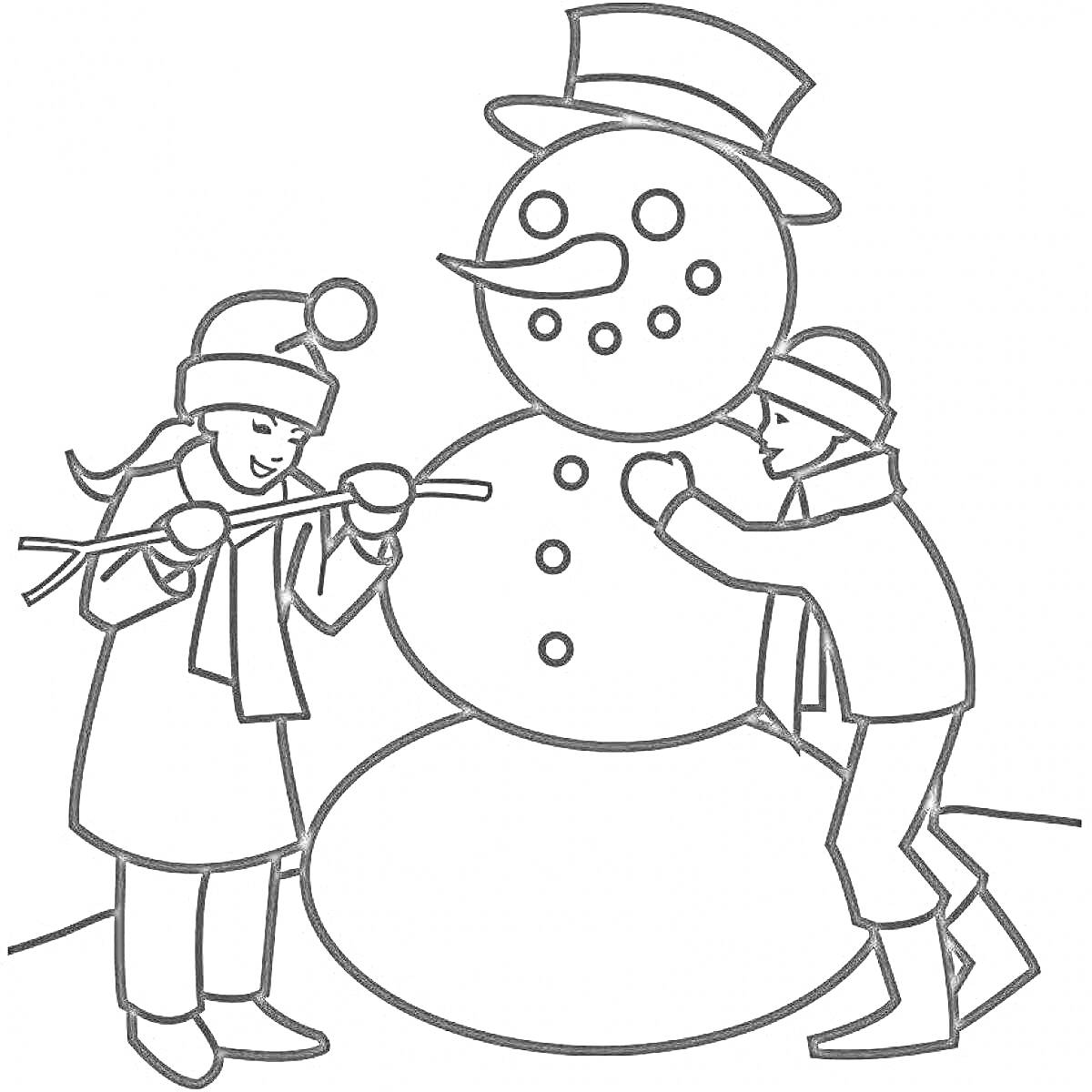 Раскраска Дети мастерят снежную бабу: девочка надевает руки из веток, мальчик лепит огромный снеговик с пуговицами, носом-морковкой, глазами из углей и шляпой.