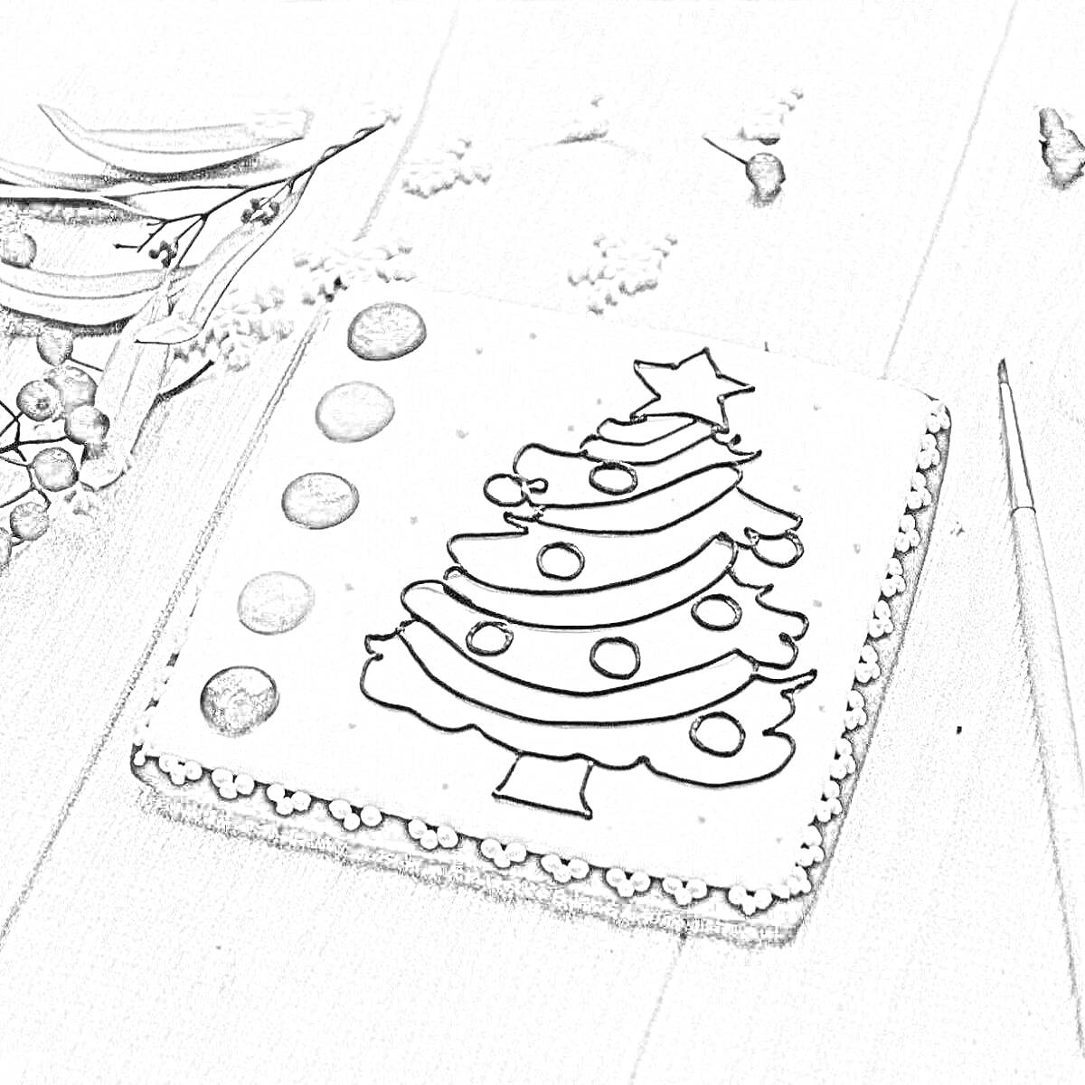 Раскраска Пряник с ёлочкой на деревянном столе, рядом карандаш, ягоды и елочные ветки