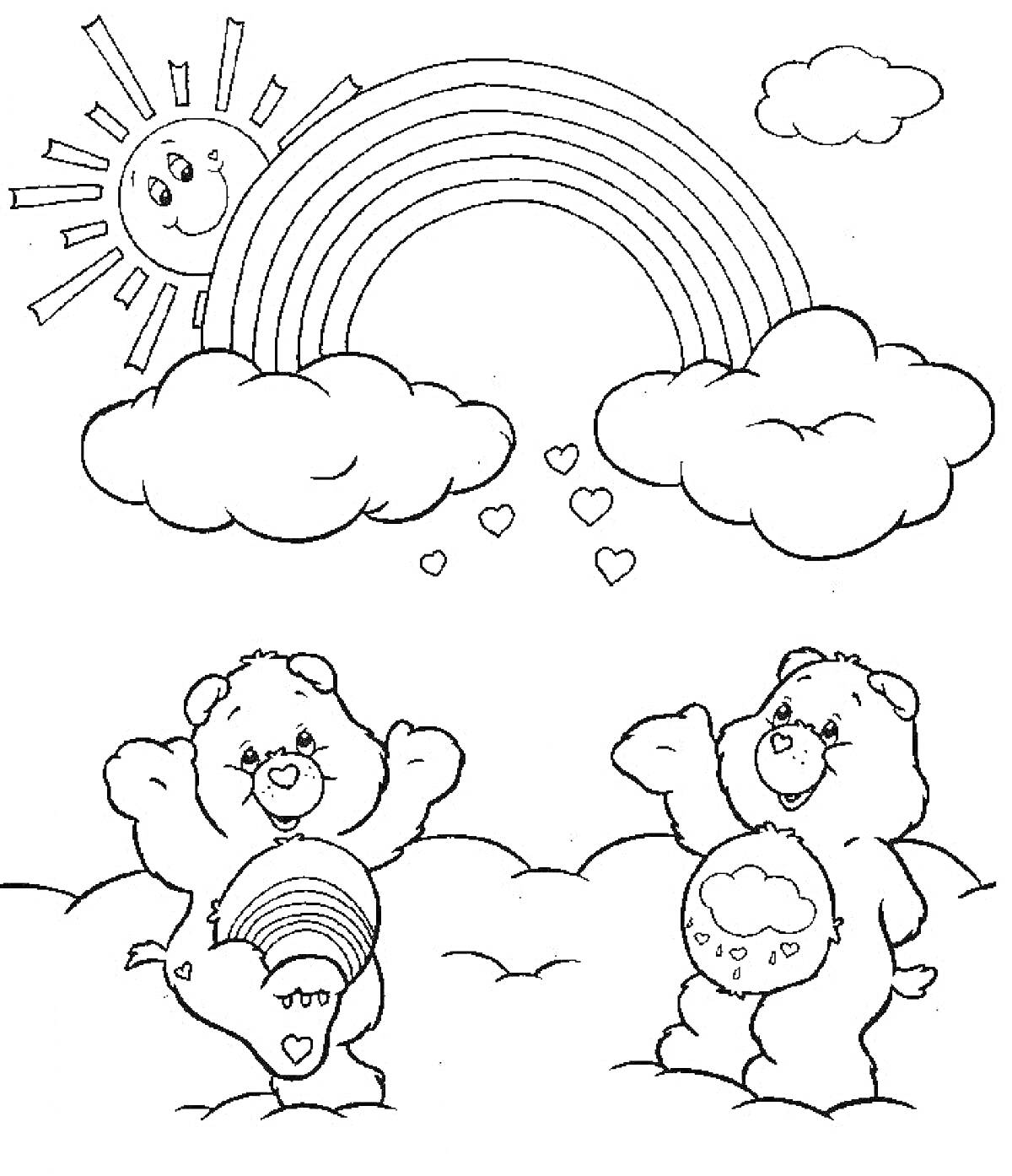 Раскраска Два медвежонка под радугой с солнышком, облаками и сердечками