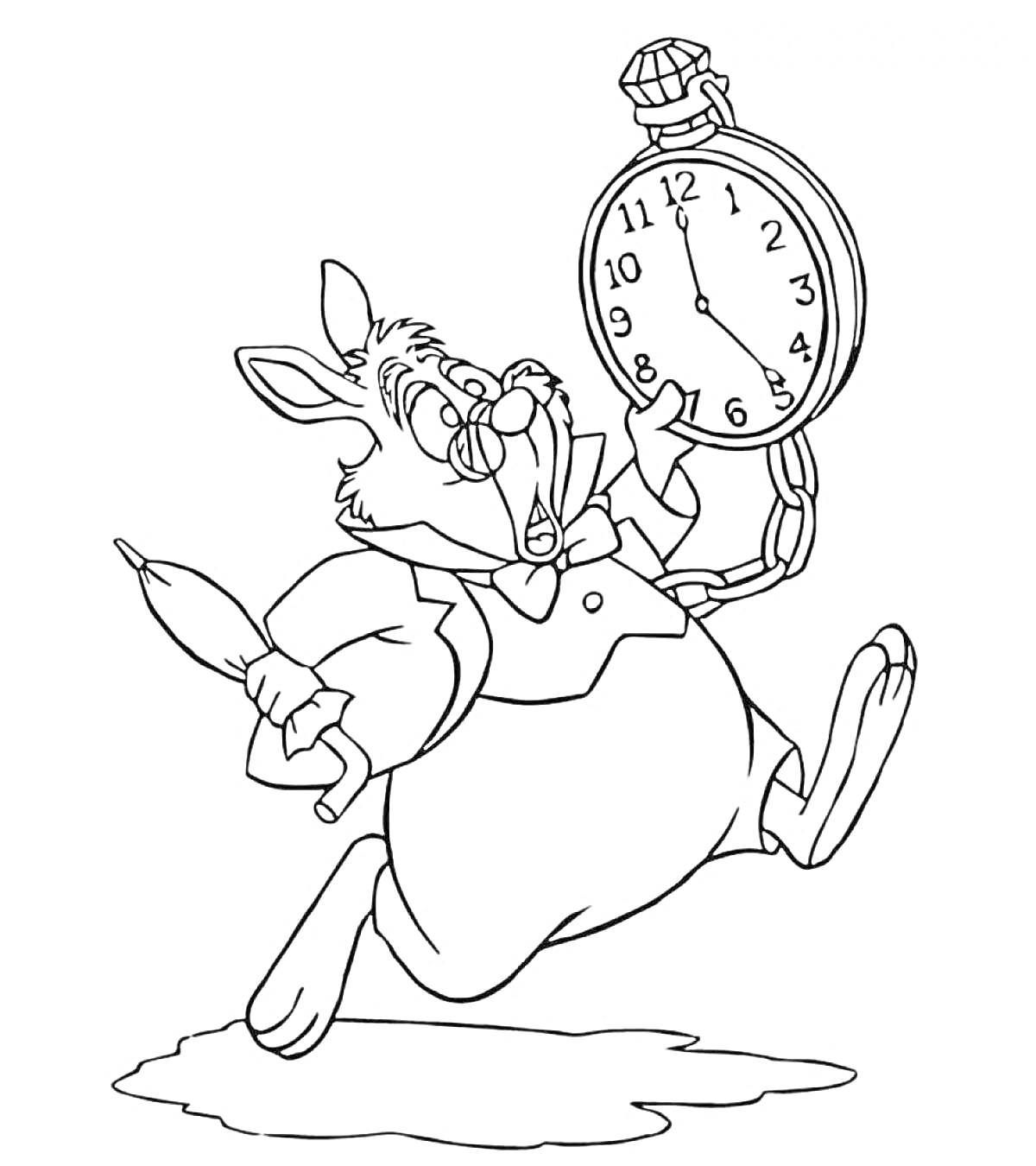 На раскраске изображено: Кролик, Алиса в стране чудес, Часы, Зонт, Персонаж