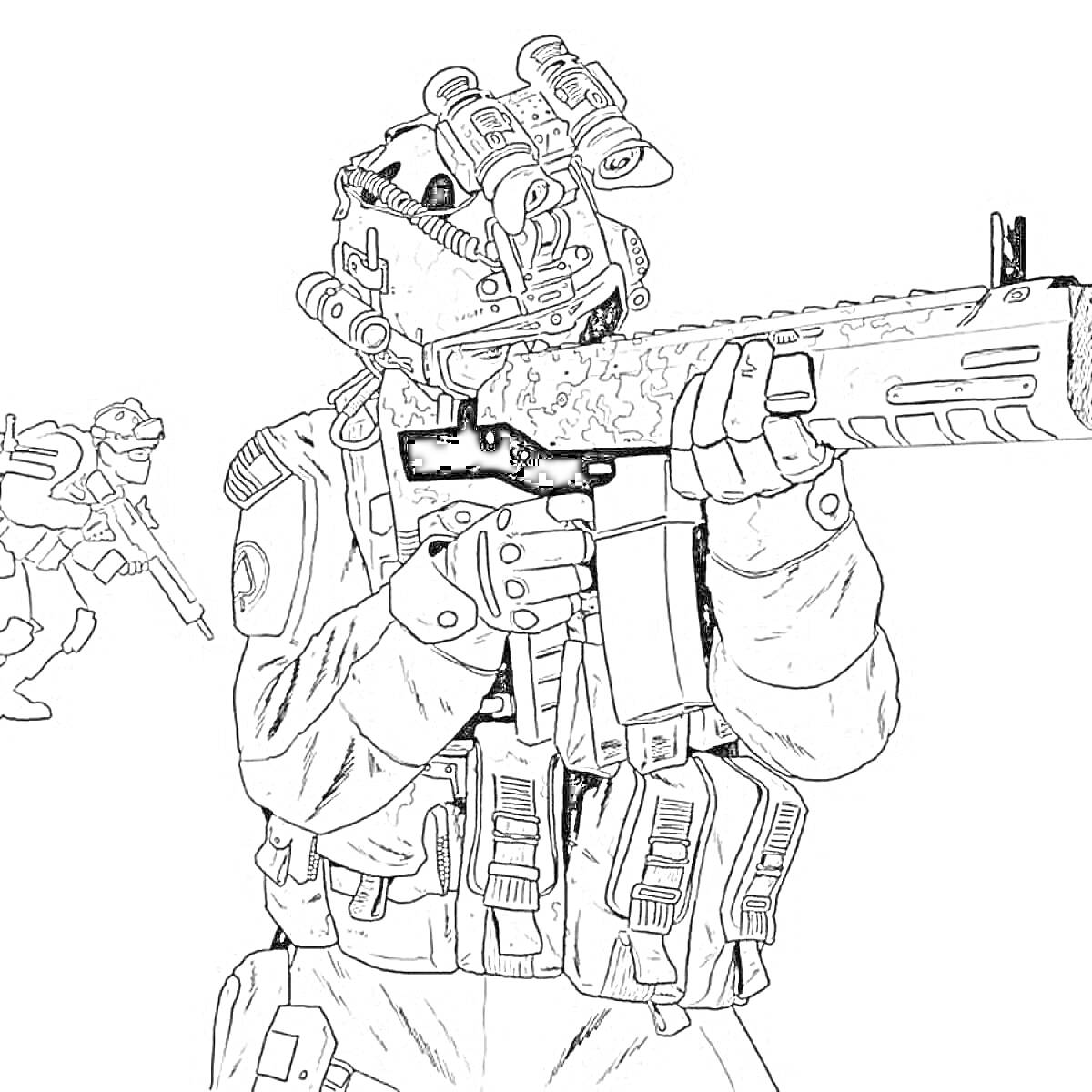 Раскраска Солдат, вооружённый винтовкой, в боевом снаряжении с дополнительным бойцом на фоне