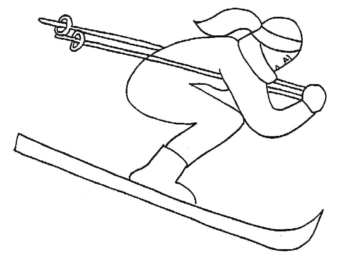 Раскраска Лыжник на склоне с палками и в зимней одежде