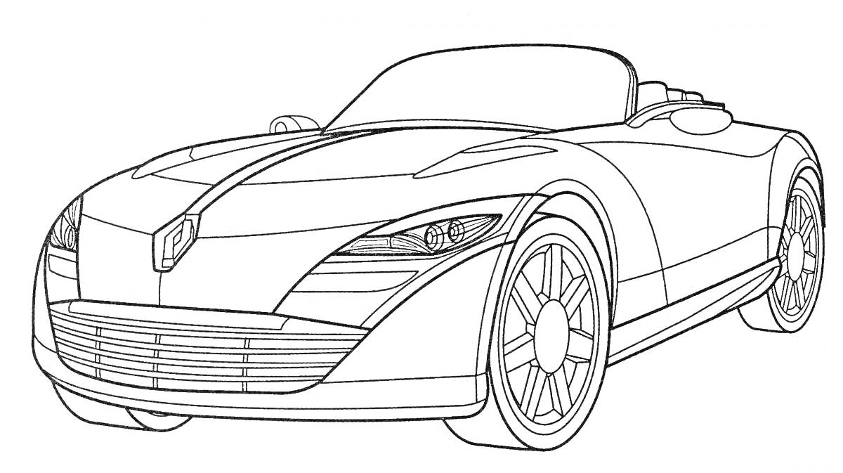 На раскраске изображено: Спортивная машина, Колёса, Фары, Капот, Крыша, Кузов