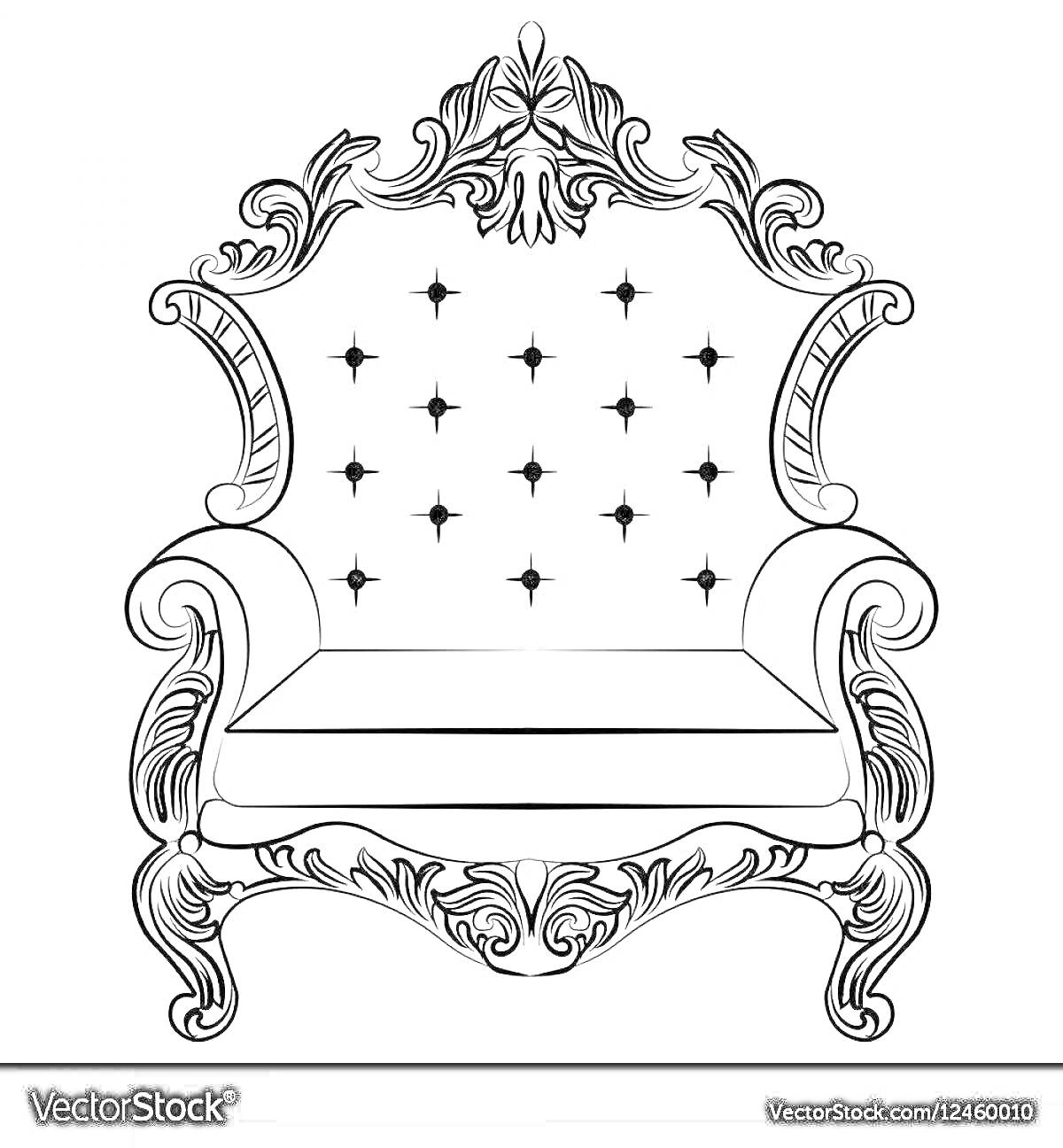 На раскраске изображено: Трон, Узоры, Завитки, Звезды, Кресло, Декор