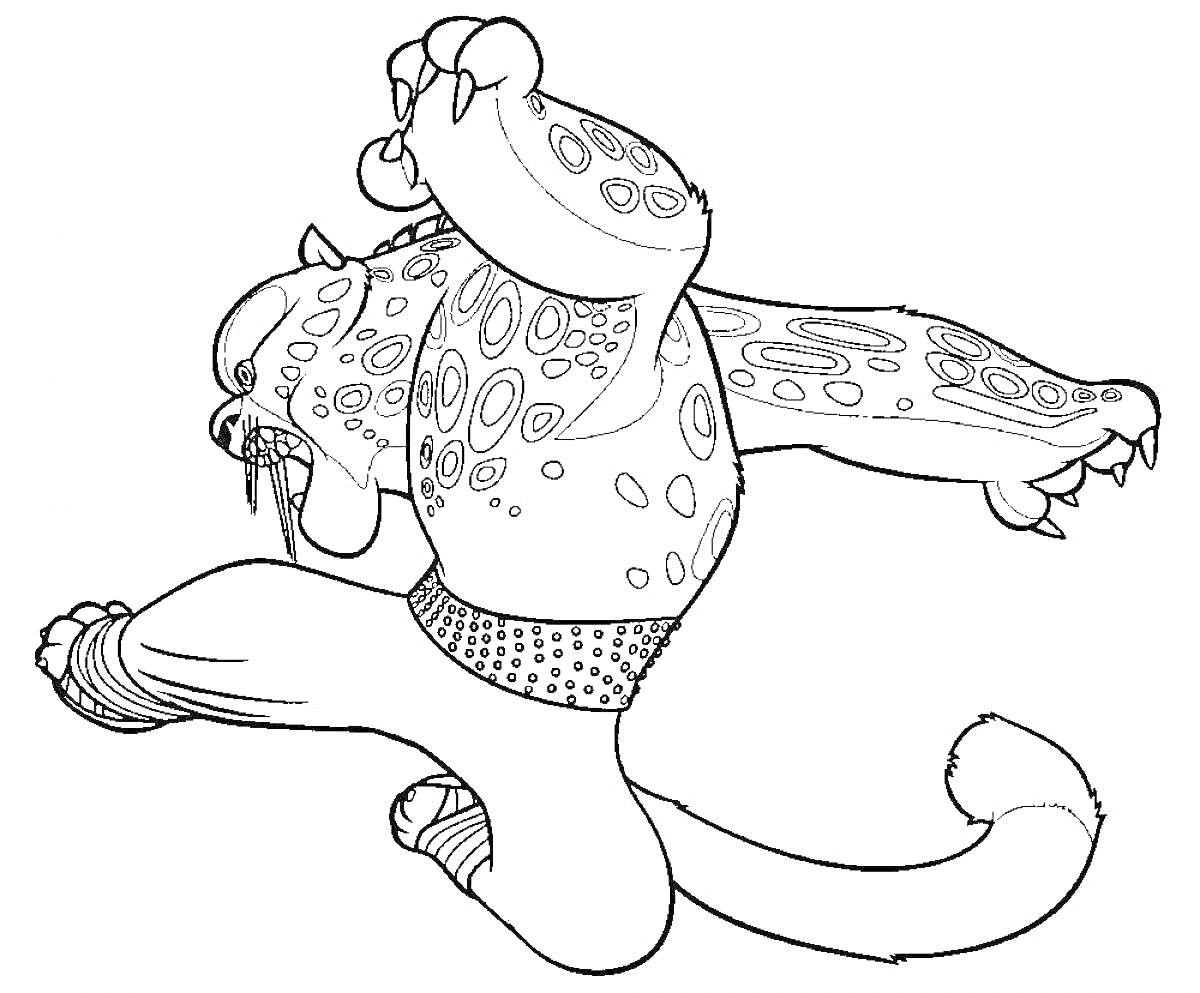 Раскраска Гуджитсу персонаж, прыгающий с поднятыми руками вверх и когтистыми лапами, пятнистое тело, хвост, пояс