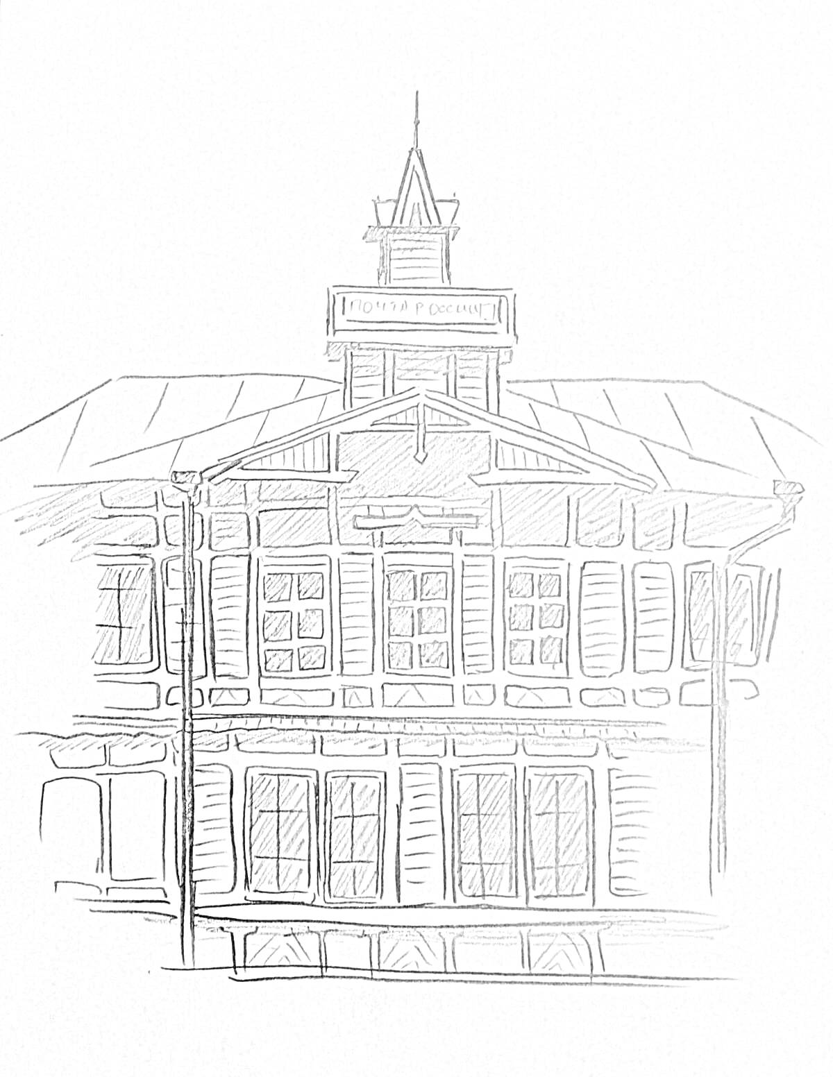На раскраске изображено: Деревянный дом, Фронтон, Окна, Архитектура, Башни, Контурные рисунки