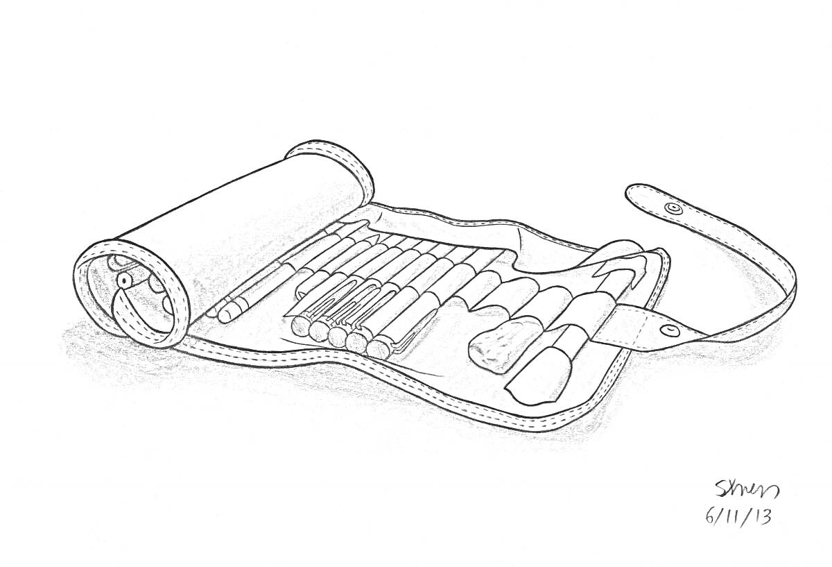 Раскраска Раскатанный пенал с карандашами и ластиком