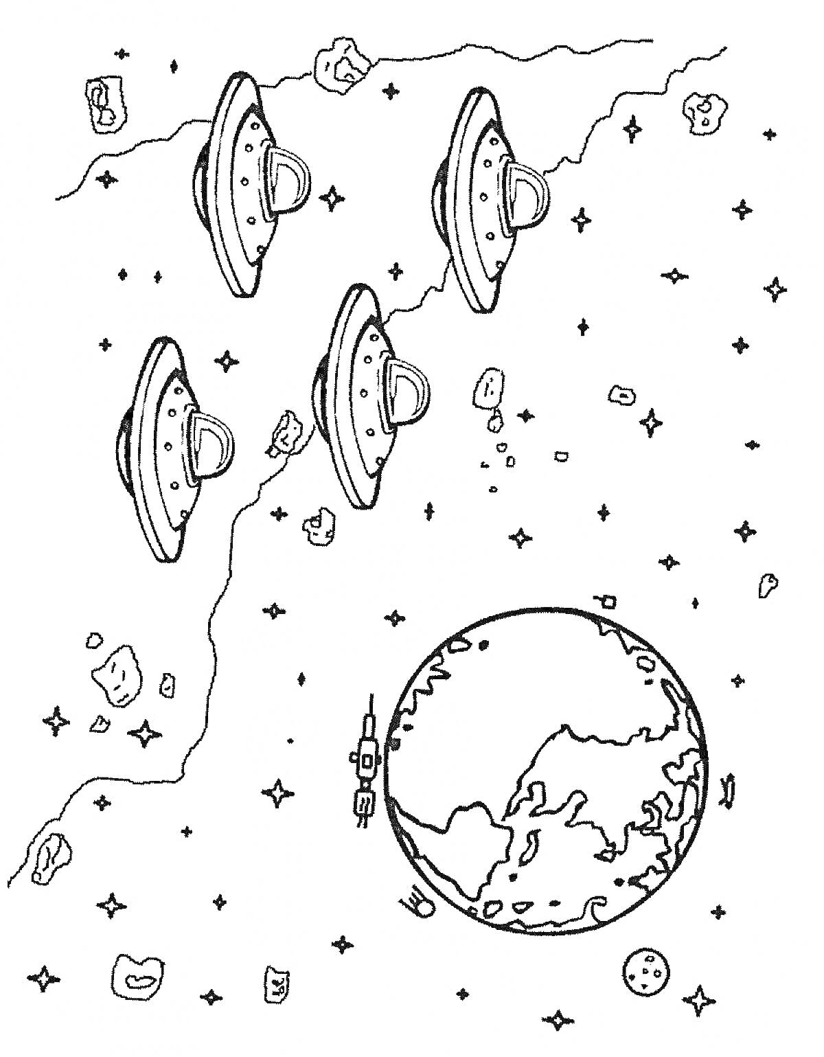Летающие тарелки в космосе с астероидами, звездами и планетой