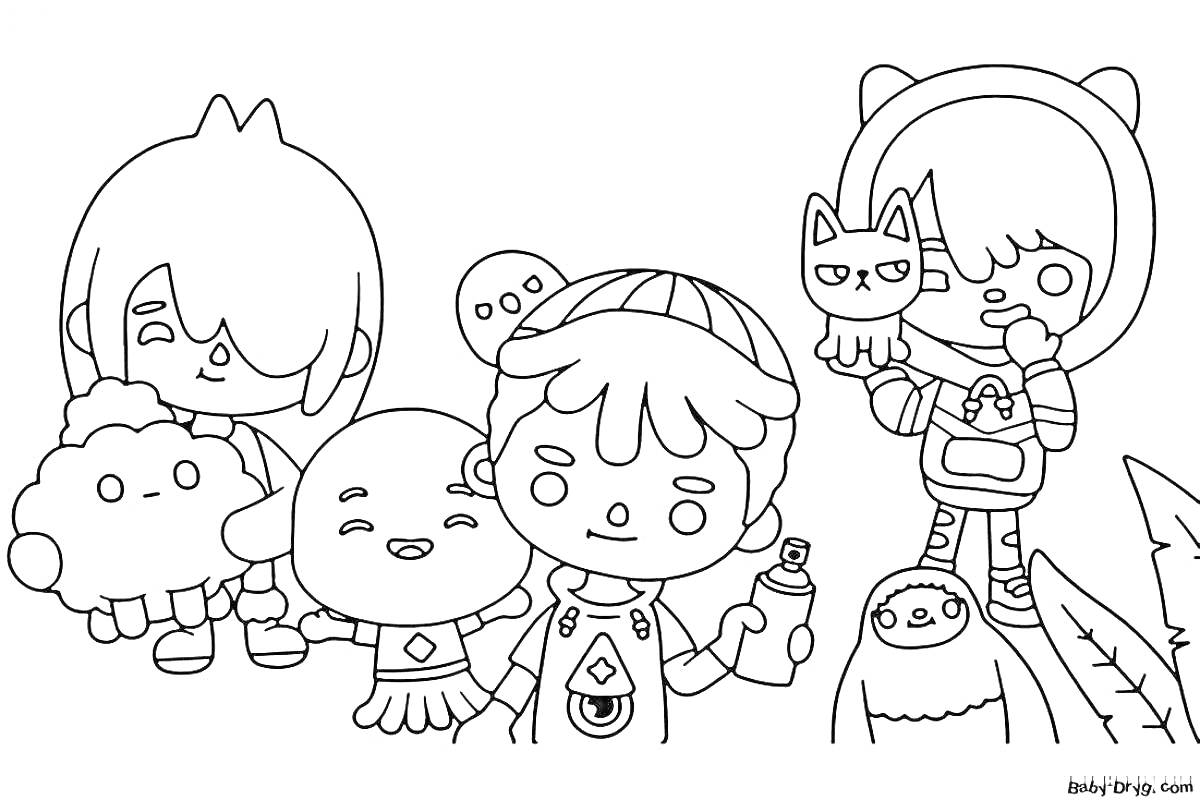 Раскраска три персонажа с питомцами, первый держит пушистого зверька, второй стоит рядом с птицей, третий держит кошку