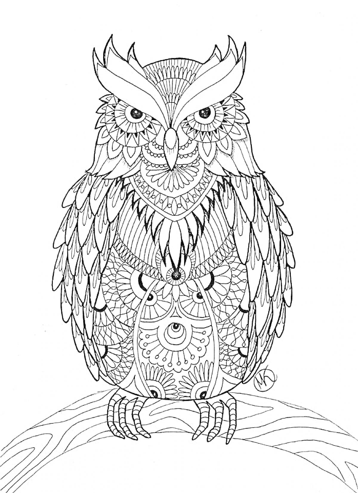 Раскраска Антистресс раскраска с изображением совы с детализированными узорами, сидящей на ветке