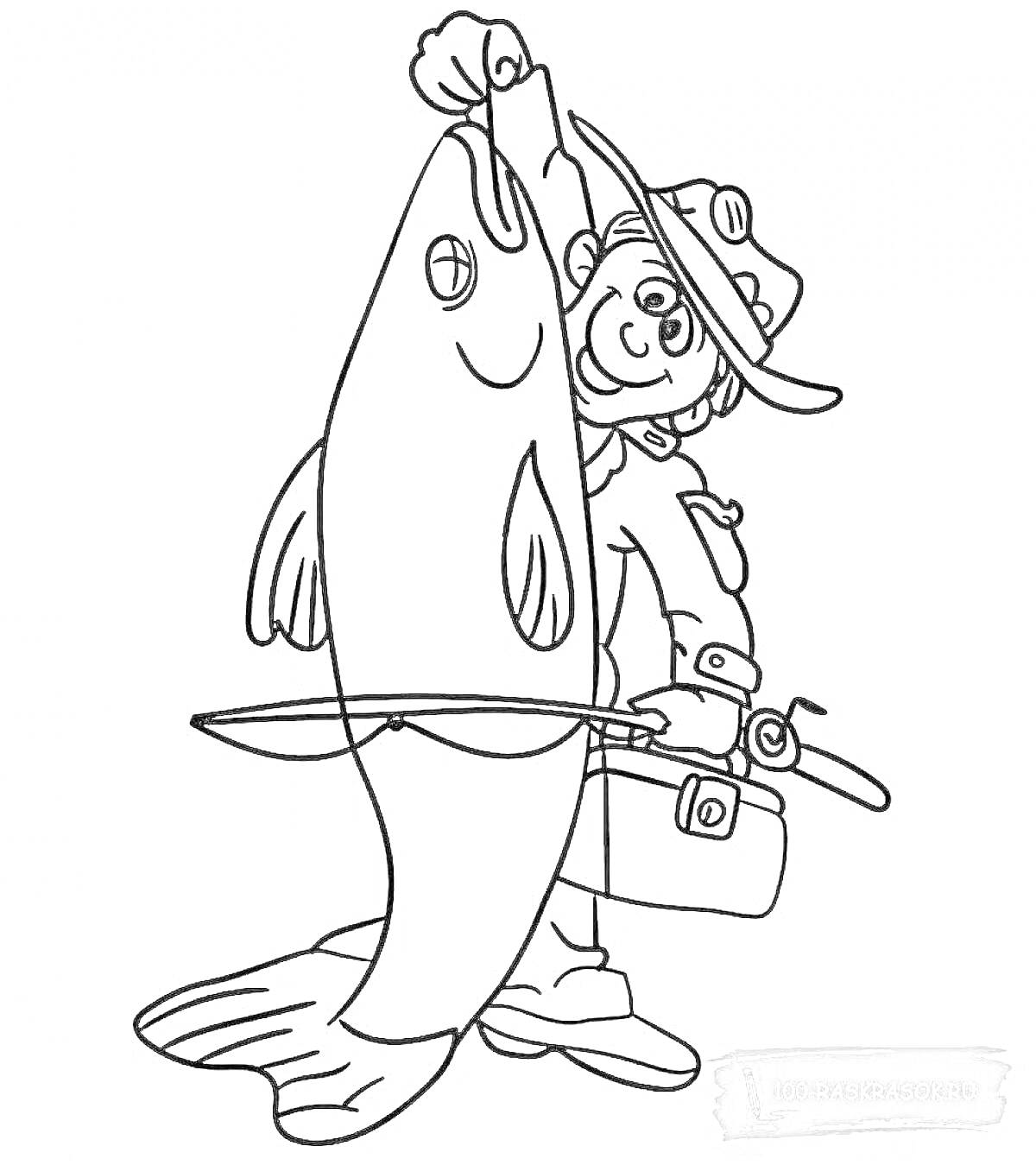 На раскраске изображено: Рыбак, Рыба, Удочка, Рыбалка, Большая рыба, Человек, Шляпа, Сумка