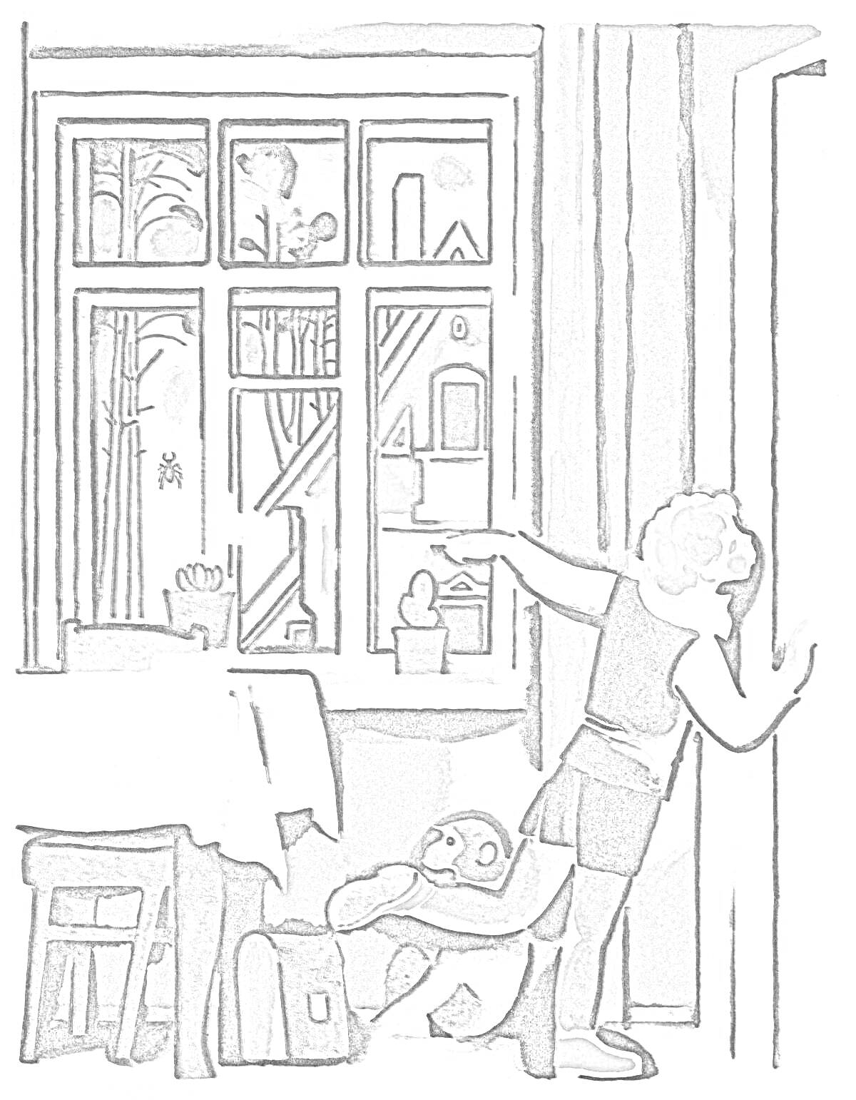 Раскраска Ребенок выглядывает в дверь, плюшевый мишка, жук на окне, стол, стул, горшки с растениями, картина на стене
