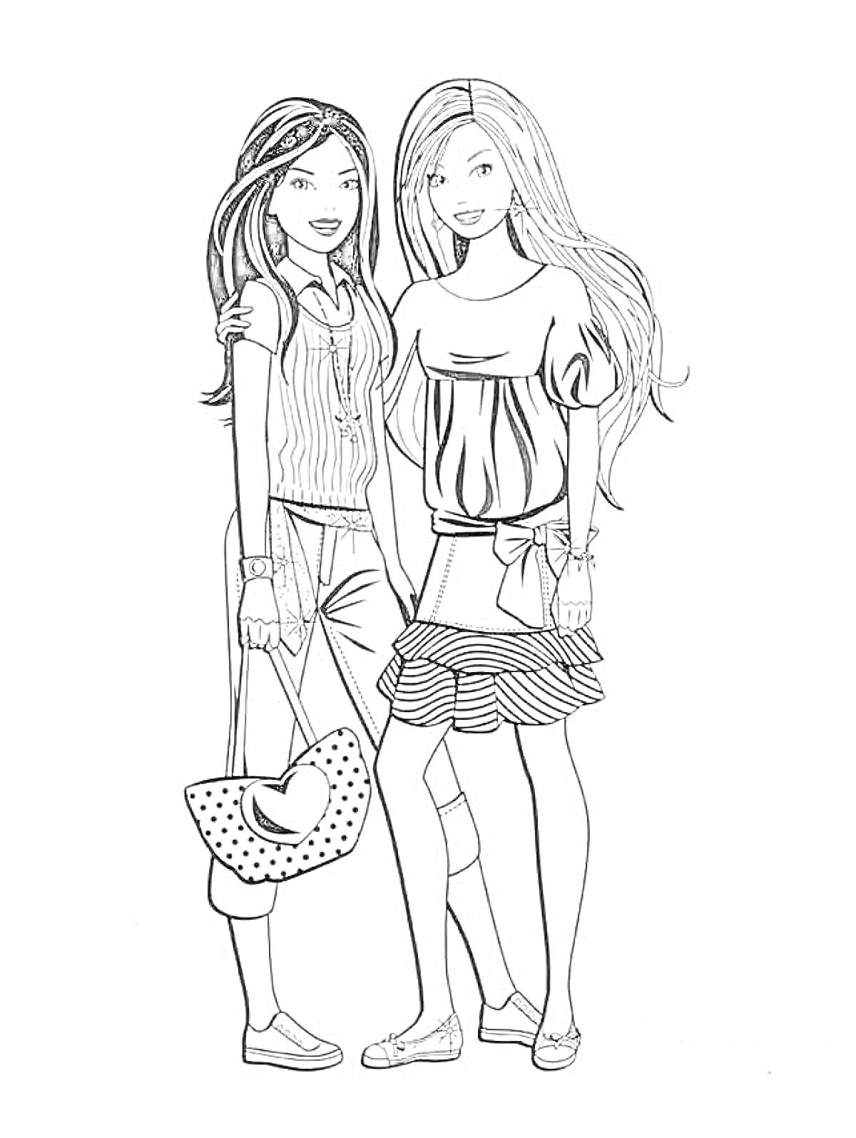 Раскраска Две подруги-модницы: с длинными волосами, туфлями, аксессуарами, сумкой и стильными нарядами