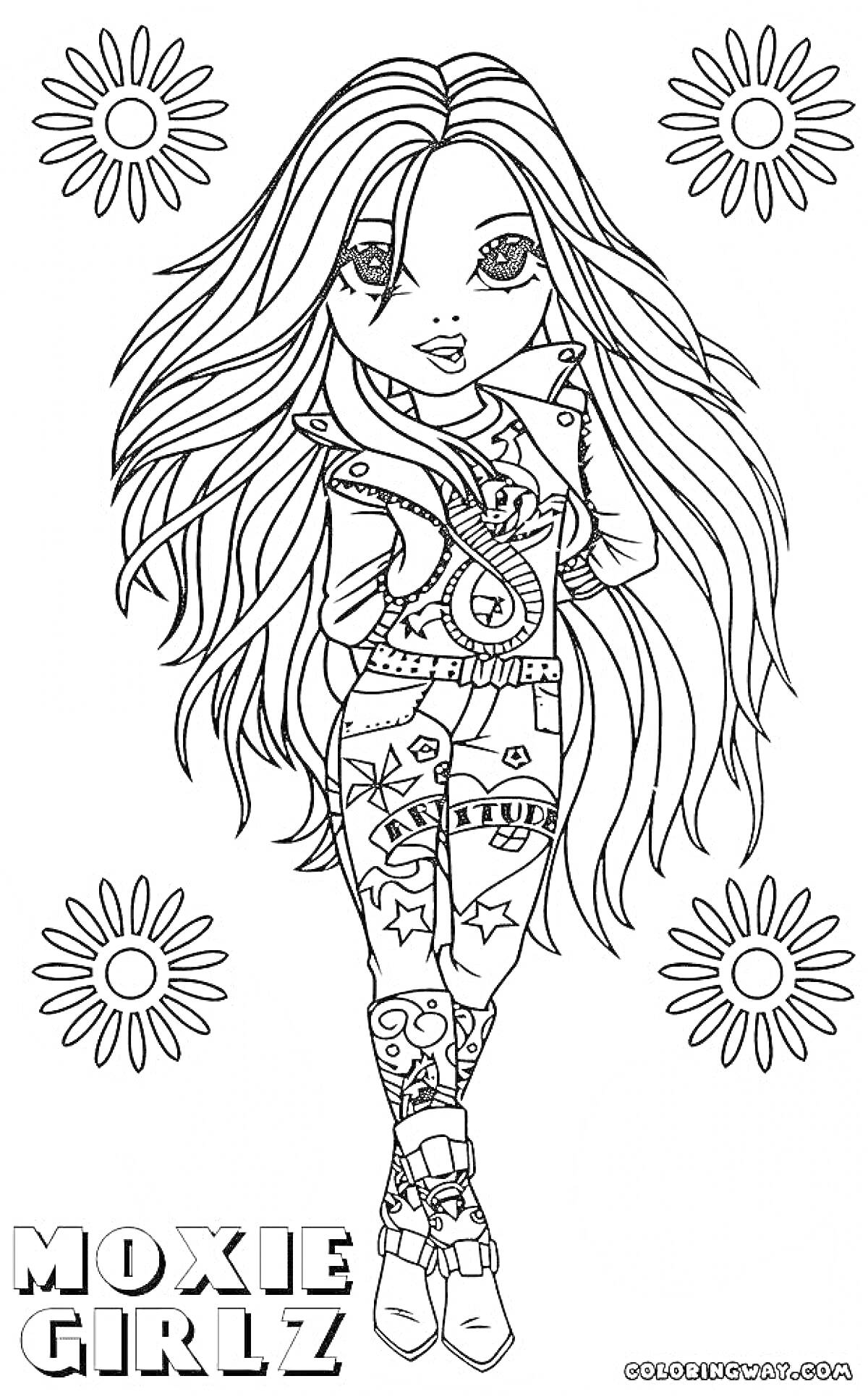Девочка Moxie Girlz с длинными волосами, одетая в стильную одежду с узорами и ботинки, окружённая четырьмя цветочками