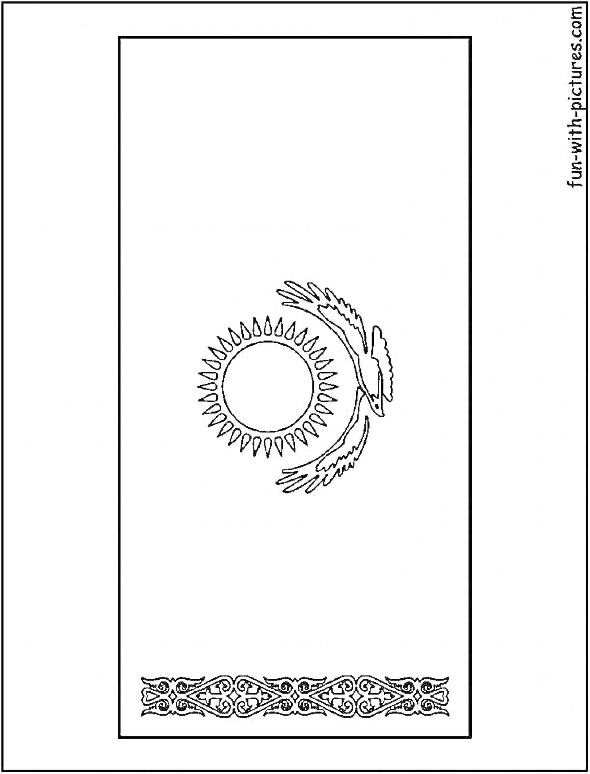 На раскраске изображено: Флаг, Казахстан, Солнце, Орел, Орнамент, Для детей, Национальный флаг, Символика