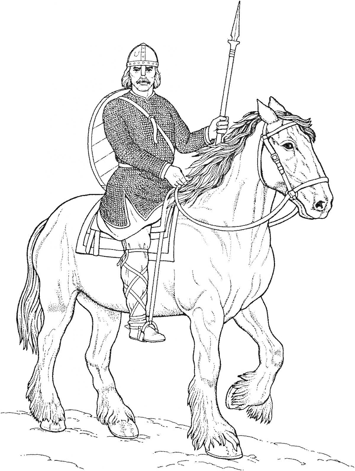 На раскраске изображено: Богатырь, Конь, Щит, Доспехи, Воин