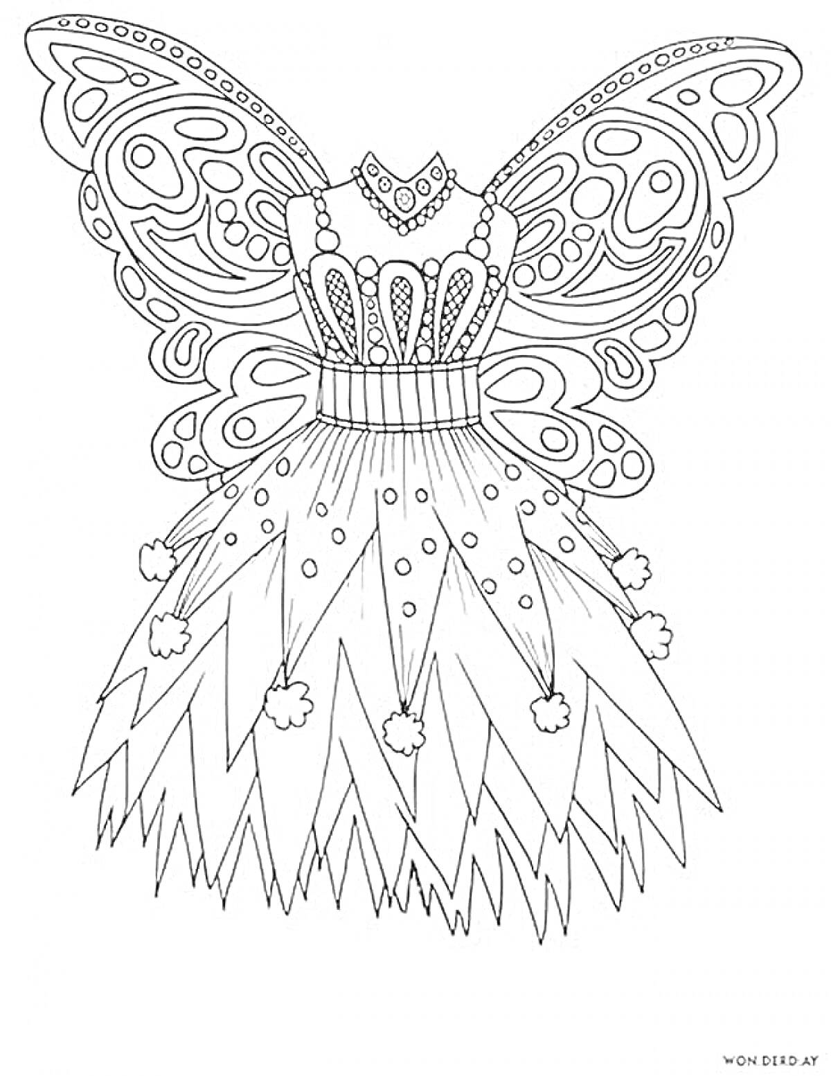 Раскраска Платье-фея с крыльями и элементами украшений на платье