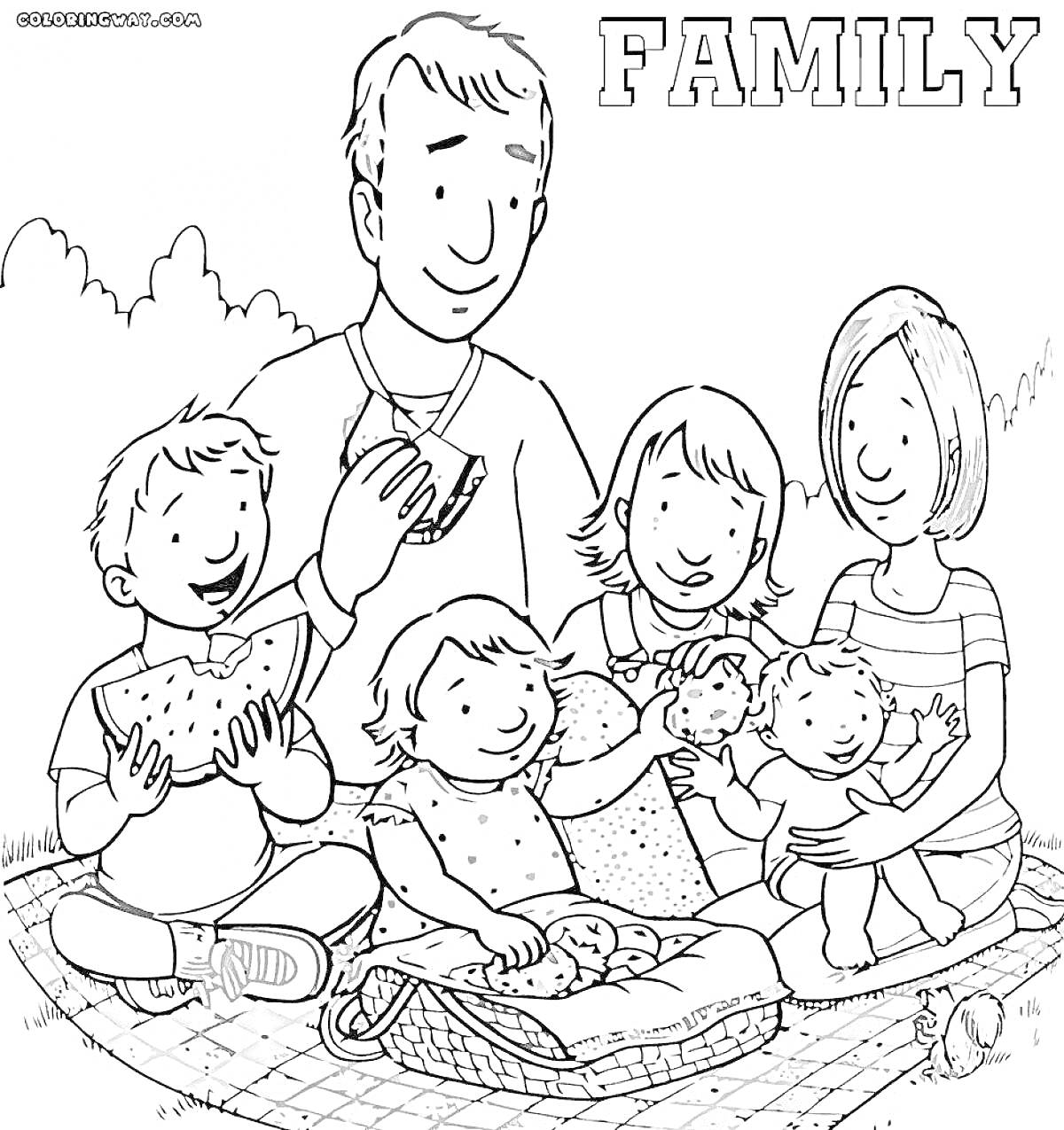 Раскраска Семейный пикник: мама, папа, трое детей, одеяло