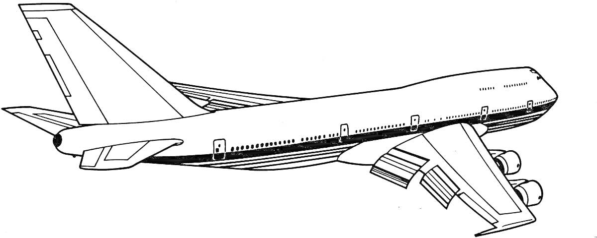 Раскраска Пассажирский самолет с четырьмя двигателями, крыльями, хвостовым оперением и иллюминаторами
