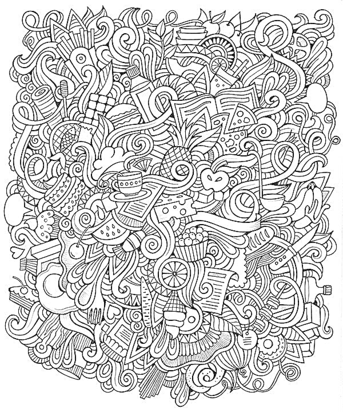 Раскраска Каракули с пиктограммами еды, звездами, сердцами, музыкальными нотами и различными абстрактными формами